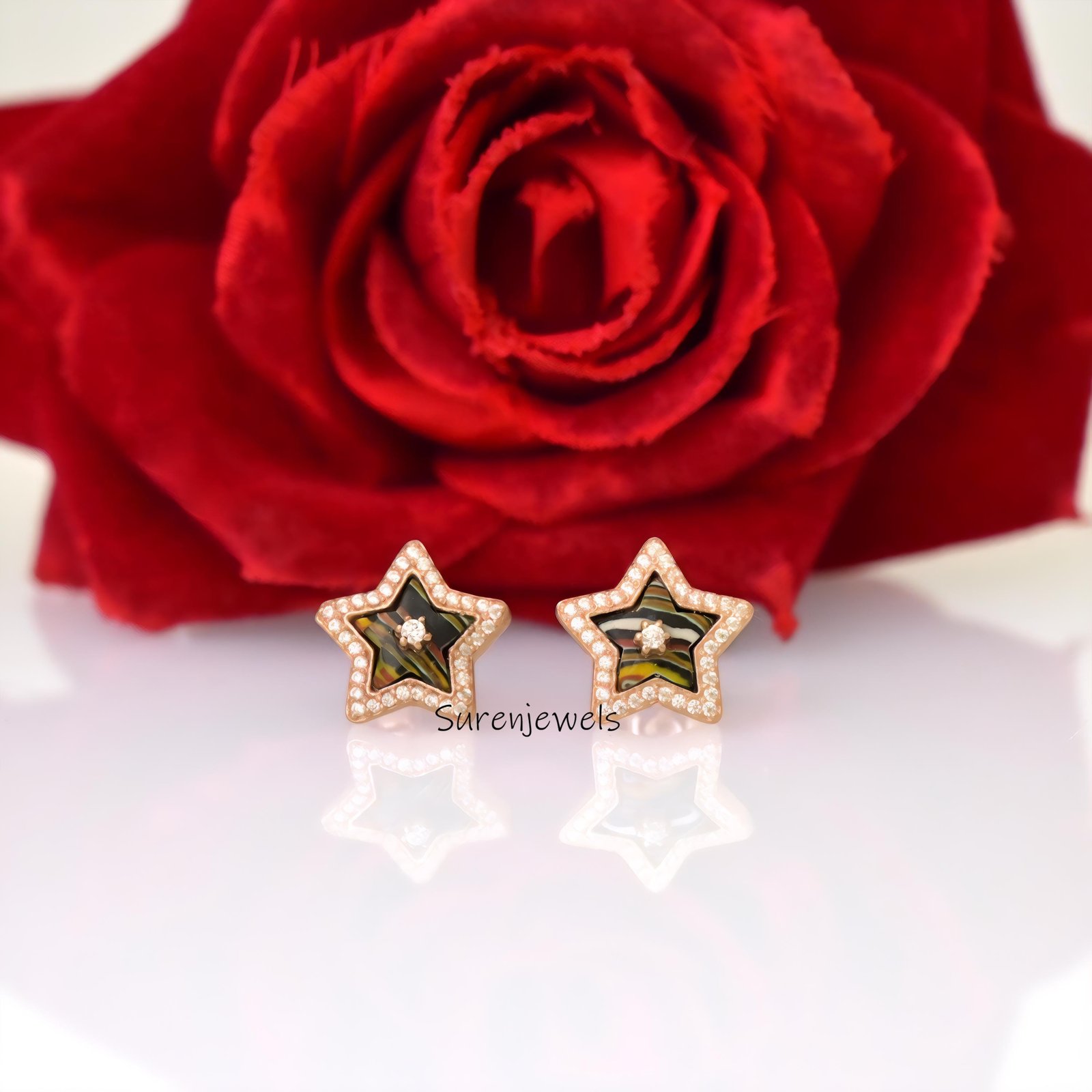 14K Gold Gemstone Star Studs: Designer Earrings - Suren Jewels | SKU: SJE1817-SLRGFDCZ-12M 14K Gold Gemstone Star Studs: Designer Earrings - Suren Jewels | SKU: SJE1817-SLRGFDCZ-12M