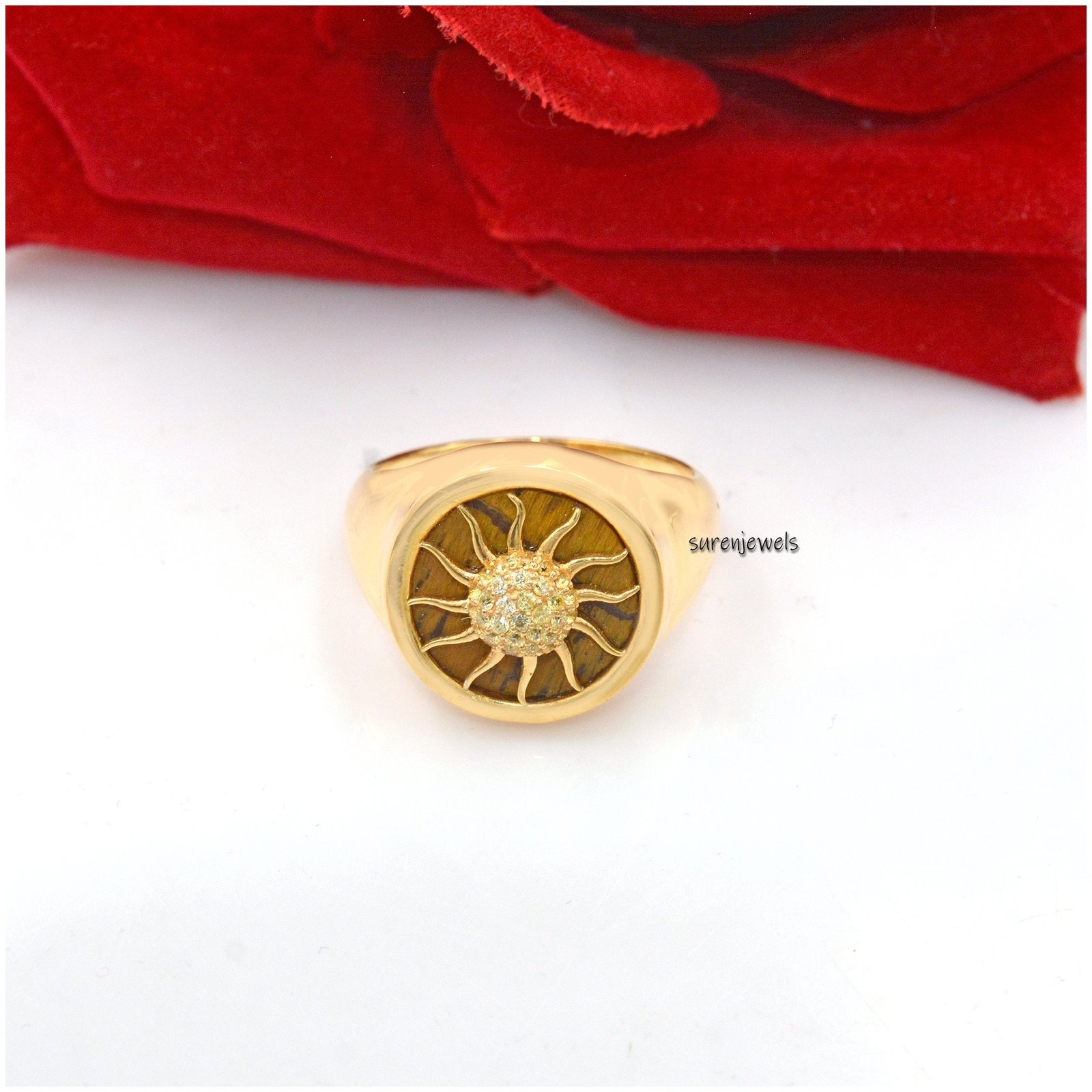 14k Gold Gemstone Sunburst Ring: Malachite & Yellow Sapphire - Suren Jewels | SKU: SJR1036-SLYGTEYSP-US-10 14k Gold Gemstone Sunburst Ring: Malachite & Yellow Sapphire - Suren Jewels | SKU: SJR1036-SLYGTEYSP-US-10