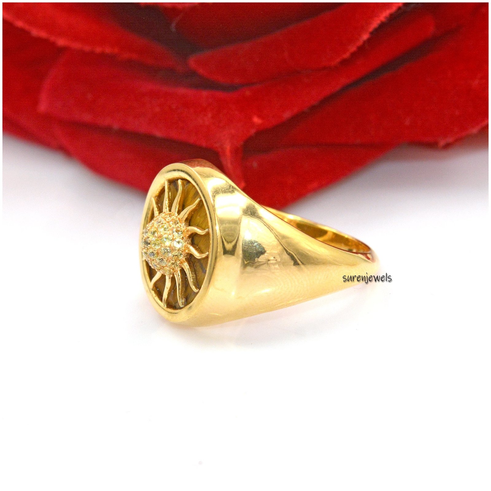 14k Gold Gemstone Sunburst Ring: Malachite & Yellow Sapphire - View 2 - Suren Jewels | SKU: SJR1036-SLYGTEYSP-US-10 14k Gold Gemstone Sunburst Ring: Malachite & Yellow Sapphire - View 2 - Suren Jewels | SKU: SJR1036-SLYGTEYSP-US-10