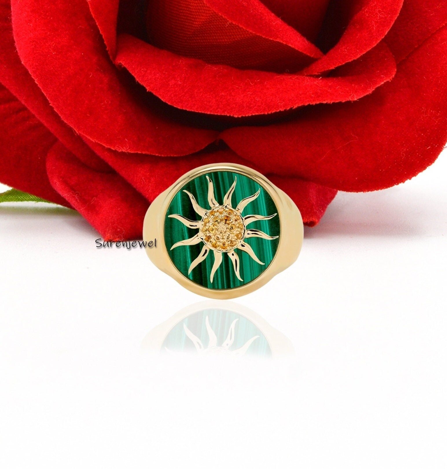 14k Gold Gemstone Sunburst Ring: Malachite & Yellow Sapphire - View 4 - Suren Jewels | SKU: SJR1036-SLYGTEYSP-US-10 14k Gold Gemstone Sunburst Ring: Malachite & Yellow Sapphire - View 4 - Suren Jewels | SKU: SJR1036-SLYGTEYSP-US-10