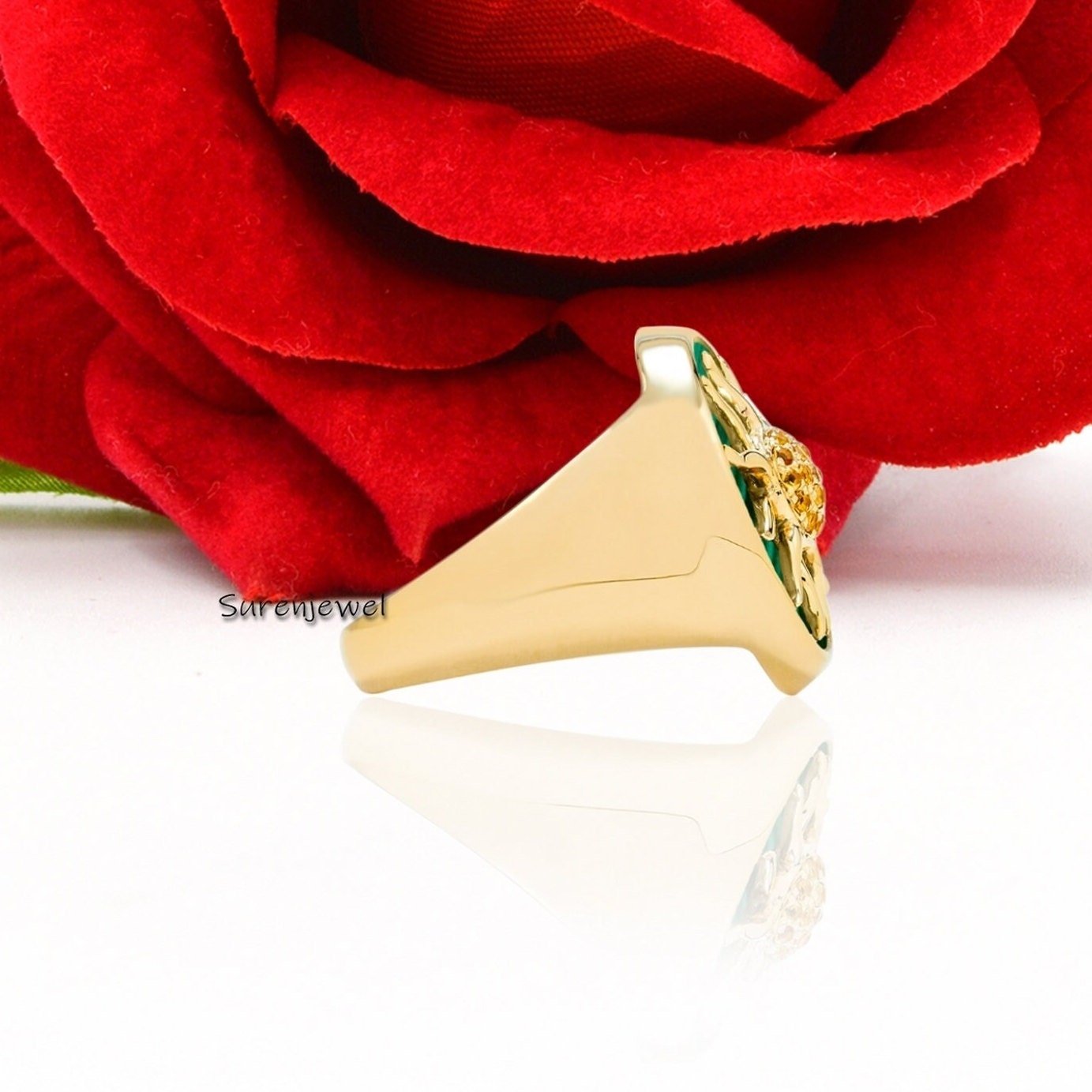 14k Gold Gemstone Sunburst Ring: Malachite & Yellow Sapphire - View 5 - Suren Jewels | SKU: SJR1036-SLYGTEYSP-US-10 14k Gold Gemstone Sunburst Ring: Malachite & Yellow Sapphire - View 5 - Suren Jewels | SKU: SJR1036-SLYGTEYSP-US-10
