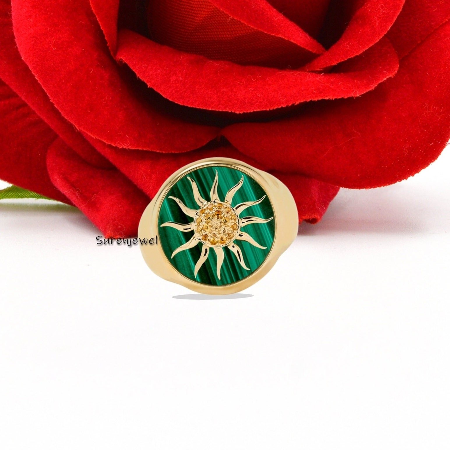 14k Gold Gemstone Sunburst Ring: Malachite & Yellow Sapphire - View 6 - Suren Jewels | SKU: SJR1036-SLYGTEYSP-US-10 14k Gold Gemstone Sunburst Ring: Malachite & Yellow Sapphire - View 6 - Suren Jewels | SKU: SJR1036-SLYGTEYSP-US-10