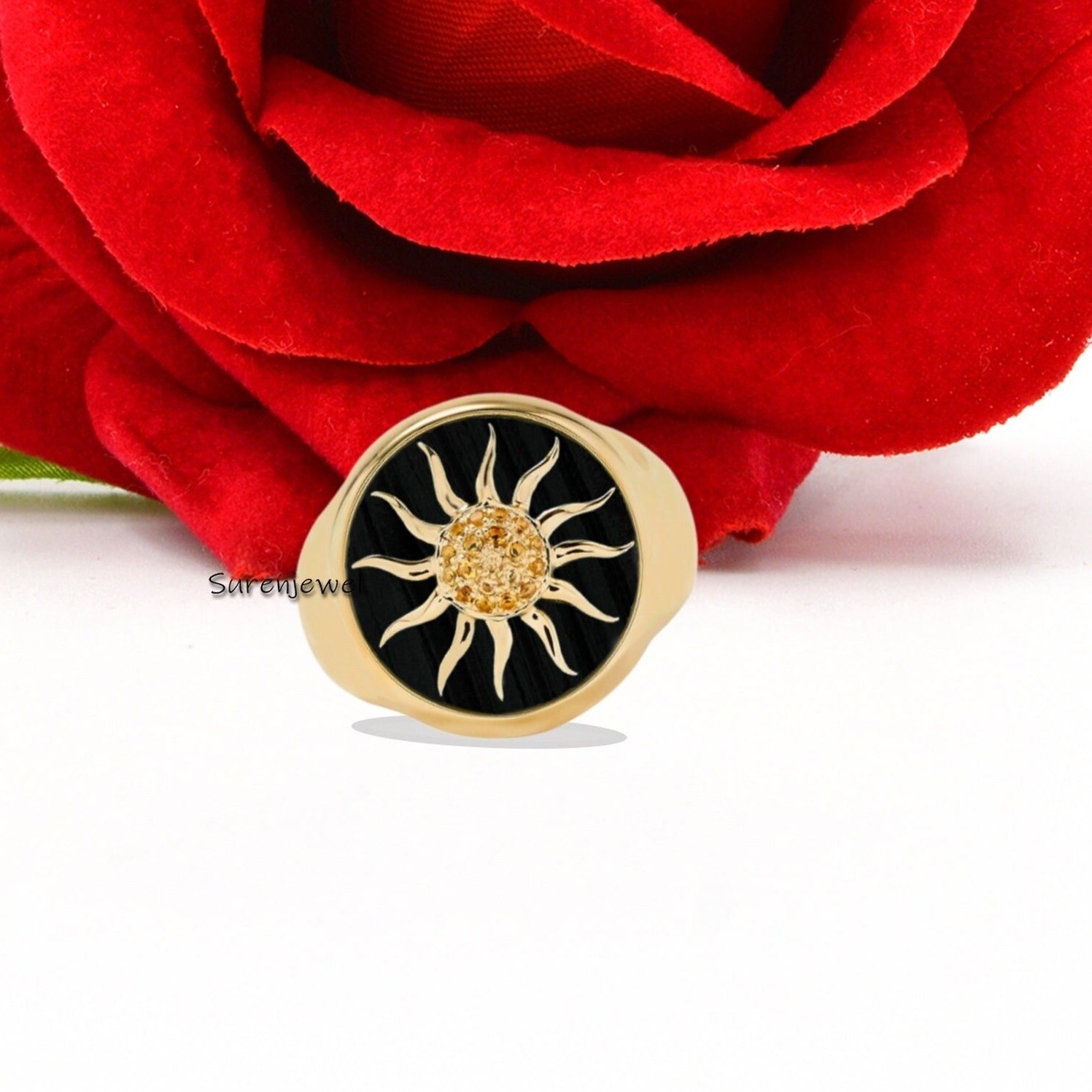 14k Gold Gemstone Sunburst Ring: Malachite & Yellow Sapphire - View 7 - Suren Jewels | SKU: SJR1036-SLYGTEYSP-US-10 14k Gold Gemstone Sunburst Ring: Malachite & Yellow Sapphire - View 7 - Suren Jewels | SKU: SJR1036-SLYGTEYSP-US-10