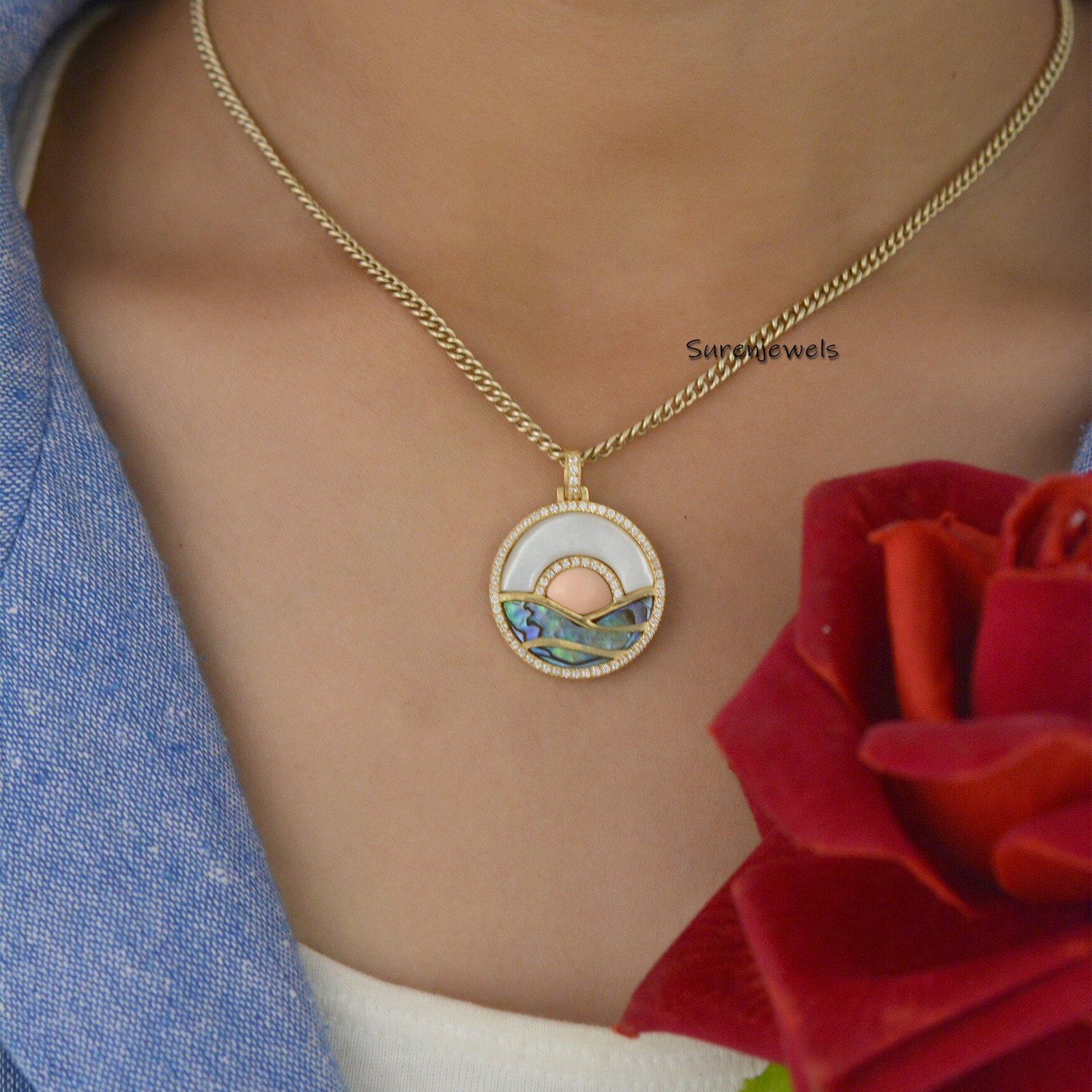 14k Gold Gemstone Sunset Pendant: CZ Sun & Sea Disc - View 2 - Suren Jewels | SKU: SJP1639 14k Gold Gemstone Sunset Pendant: CZ Sun & Sea Disc - View 2 - Suren Jewels | SKU: SJP1639