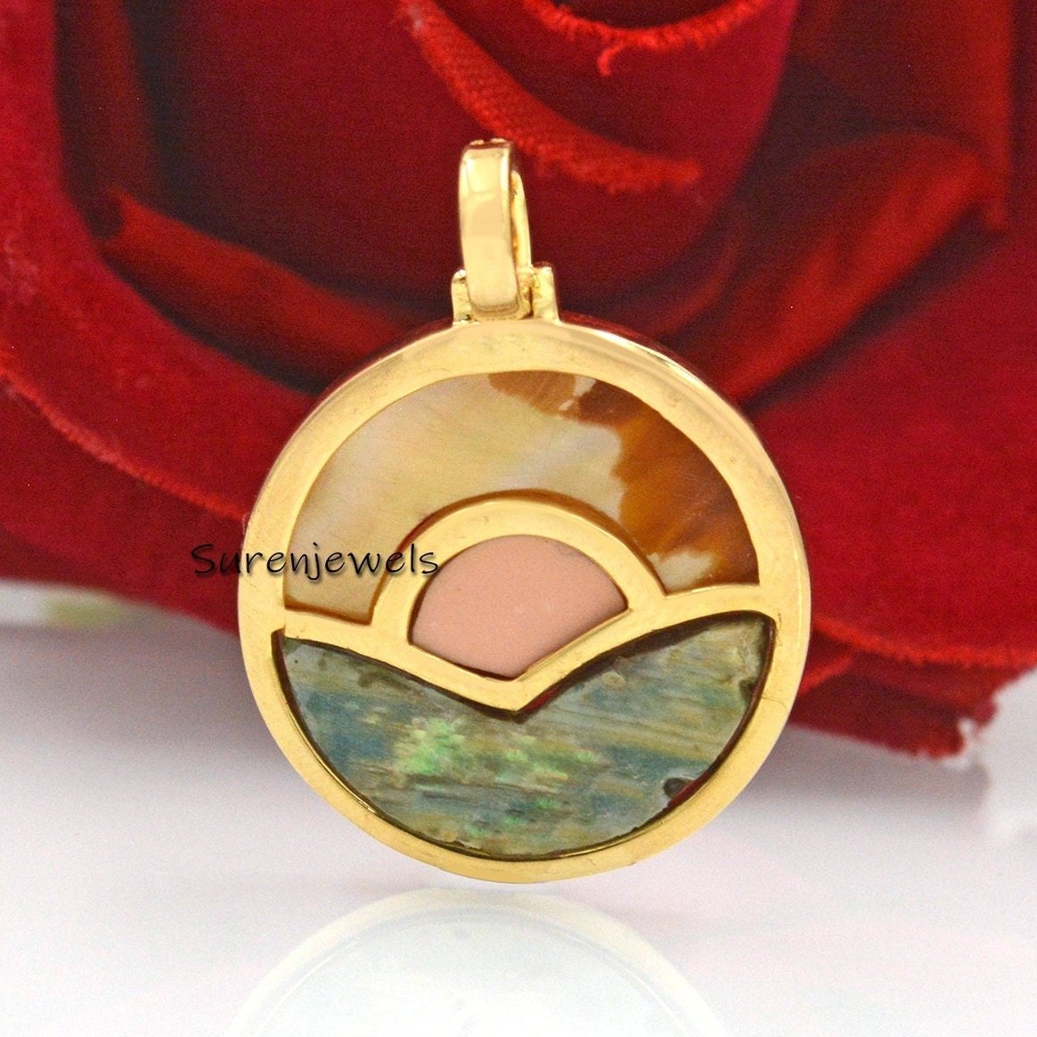 14k Gold Gemstone Sunset Pendant: CZ Sun & Sea Disc - View 3 - Suren Jewels | SKU: SJP1639 14k Gold Gemstone Sunset Pendant: CZ Sun & Sea Disc - View 3 - Suren Jewels | SKU: SJP1639