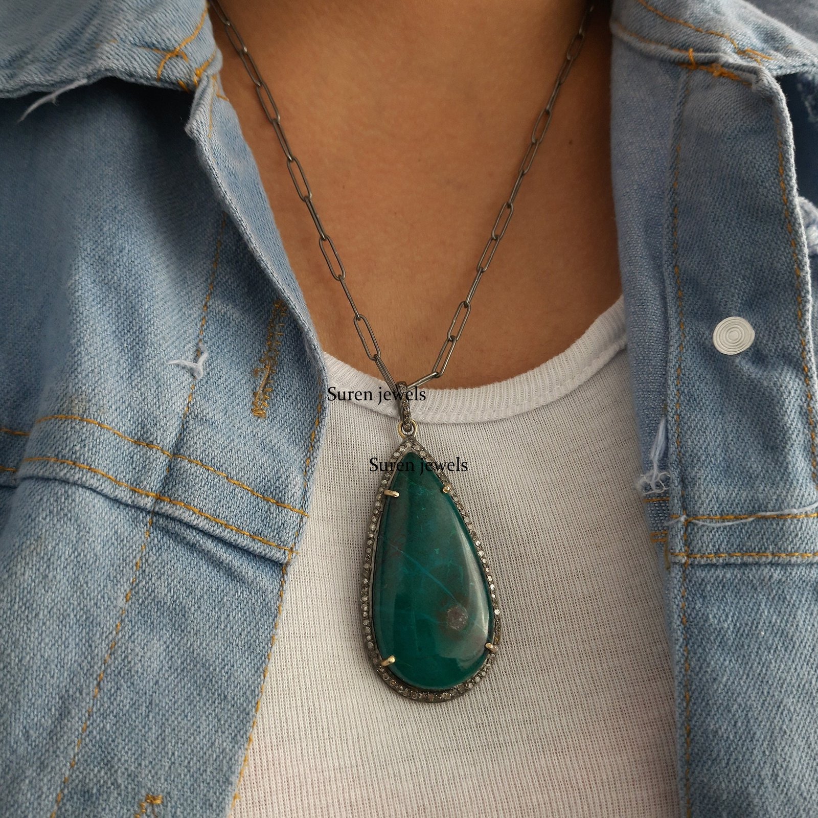 14k Gold Gemstone Teardrop Pendant: Handmade Designer Jewelry - View 5 - Suren Jewels | SKU: SJP177-SLWGMTCS-N47-18I-925 14k Gold Gemstone Teardrop Pendant: Handmade Designer Jewelry - View 5 - Suren Jewels | SKU: SJP177-SLWGMTCS-N47-18I-925