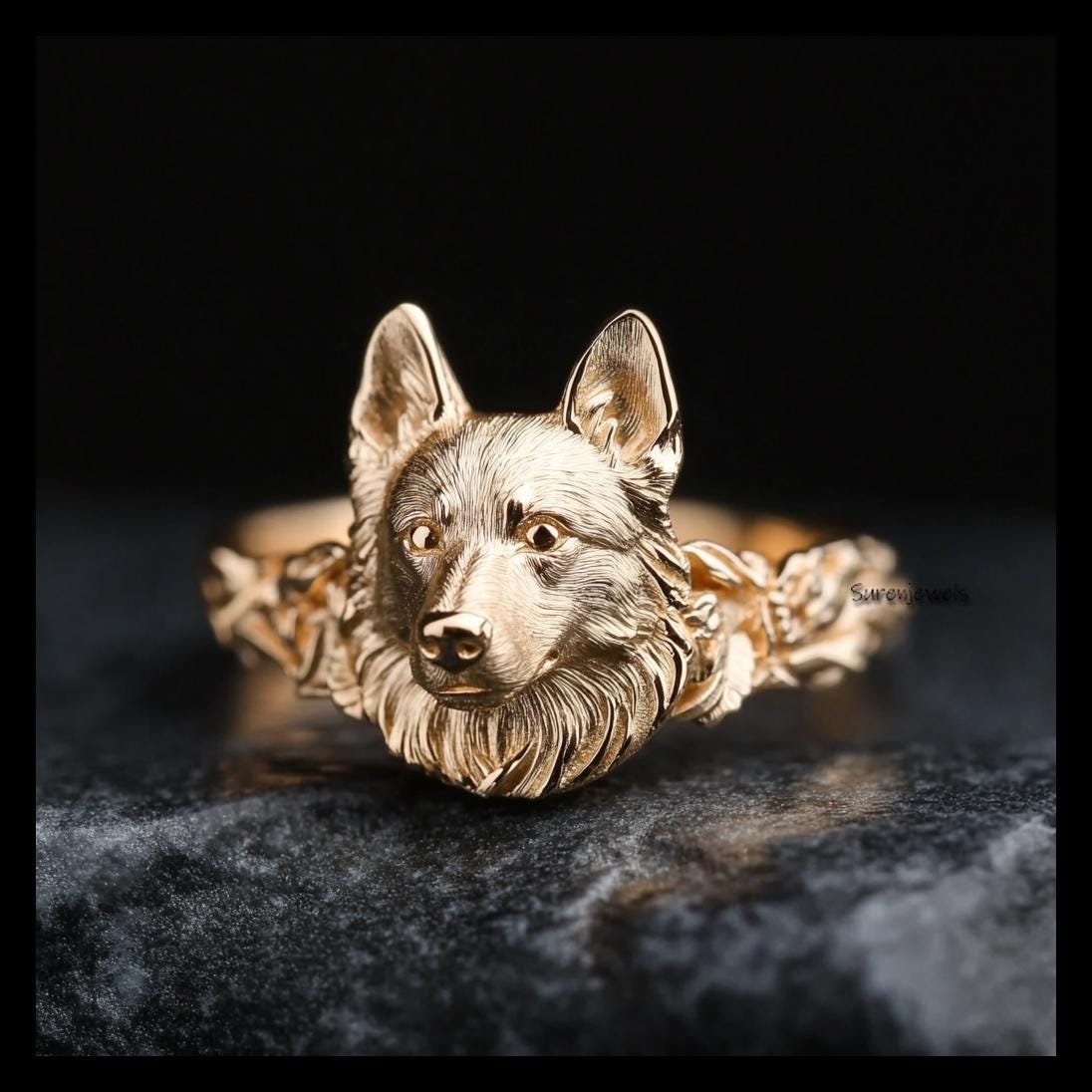 14k Gold German Shepherd Ring, Dainty Dog Jewelry - Suren Jewels | SKU: SJR3201-SLWG-US-6 14k Gold German Shepherd Ring, Dainty Dog Jewelry - Suren Jewels | SKU: SJR3201-SLWG-US-6