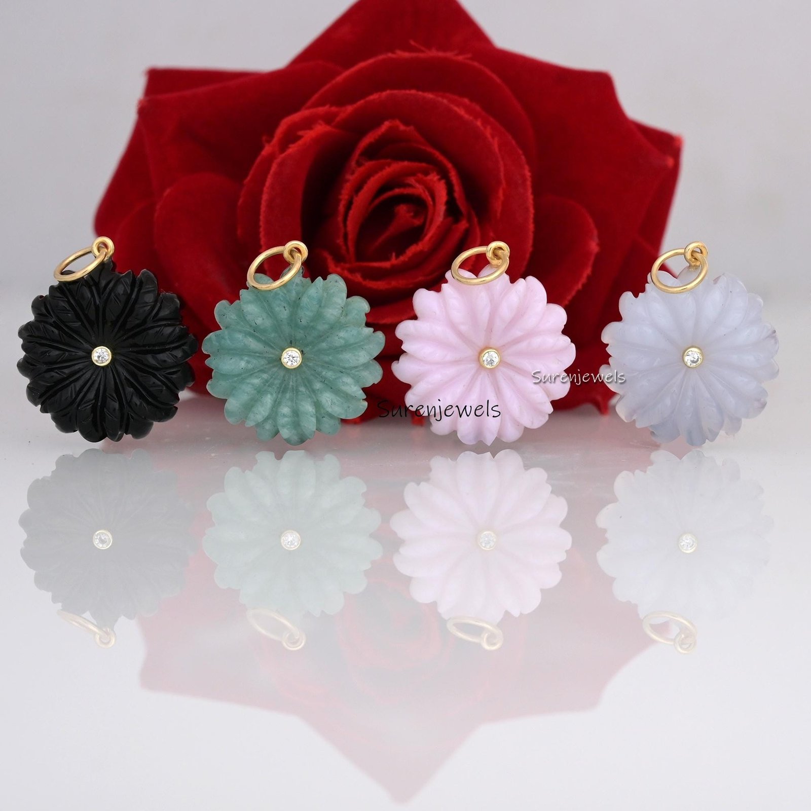 14K Gold Hand Carved Gemstone Flower Pendant pink Opal Flower - Suren Jewels | SKU: SJP3496-SLYGTQCZ-25M 14K Gold Hand Carved Gemstone Flower Pendant pink Opal Flower - Suren Jewels | SKU: SJP3496-SLYGTQCZ-25M
