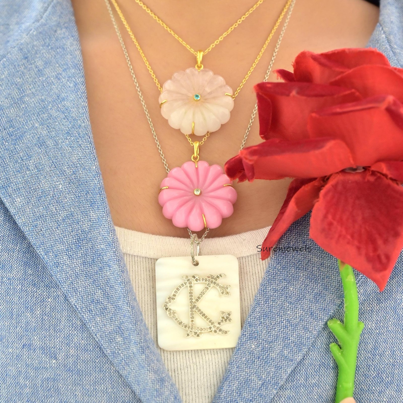 14K Gold Hand Carved Gemstone Flower Pendant - View 4 - Suren Jewels | SKU: SJP6038-SLYGRQBT-30M 14K Gold Hand Carved Gemstone Flower Pendant - View 4 - Suren Jewels | SKU: SJP6038-SLYGRQBT-30M