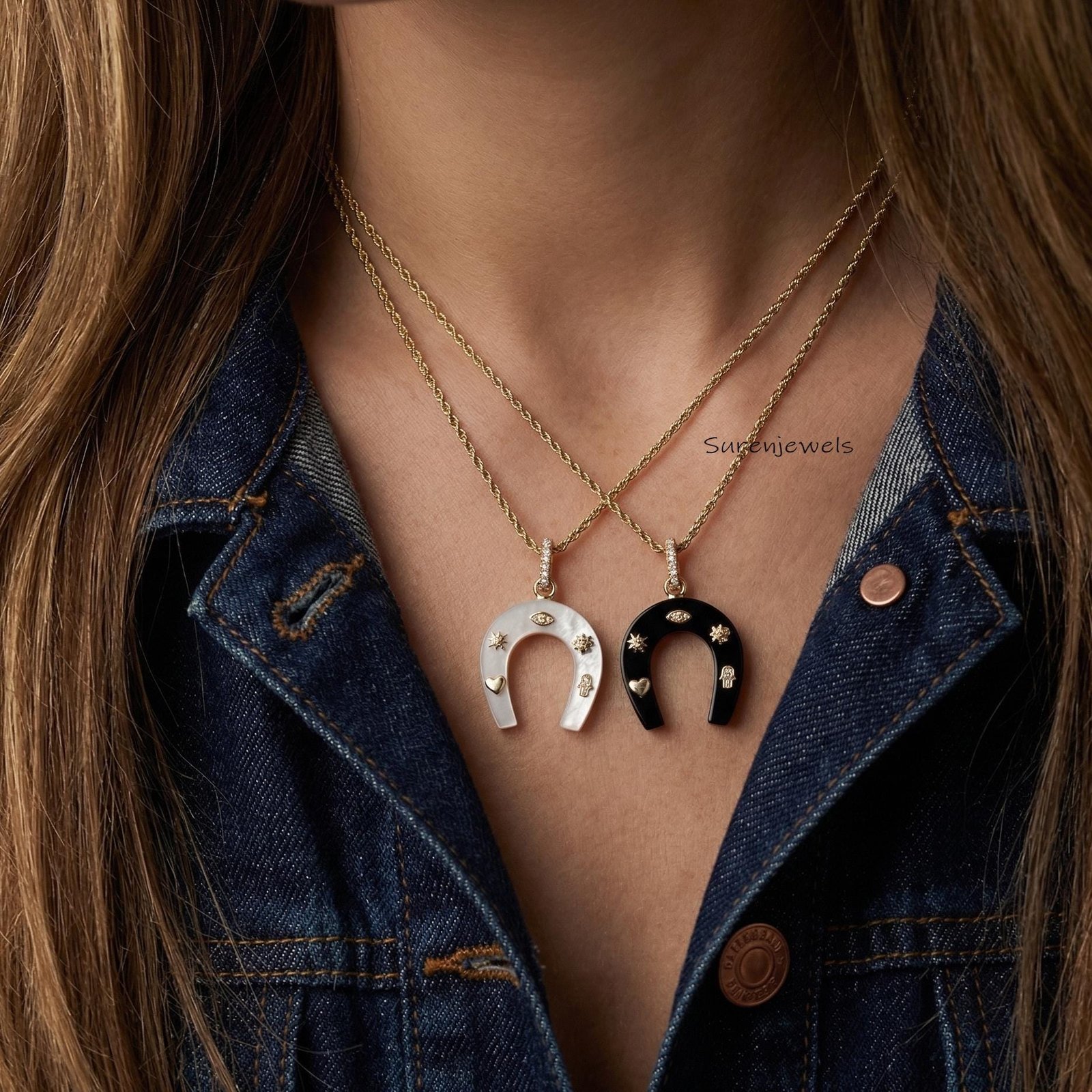 14k Gold Hand Carved Gemstone Horseshoe pendant - Suren Jewels | SKU: SJP 14k Gold Hand Carved Gemstone Horseshoe pendant - Suren Jewels | SKU: SJP