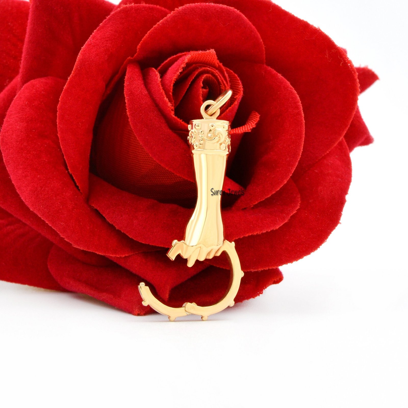 14k Gold Hand Holding Charm: Ring Connector Pendant (45x15 mm) - Suren Jewels | SKU: SJP908-14KYG 14k Gold Hand Holding Charm: Ring Connector Pendant (45x15 mm) - Suren Jewels | SKU: SJP908-14KYG