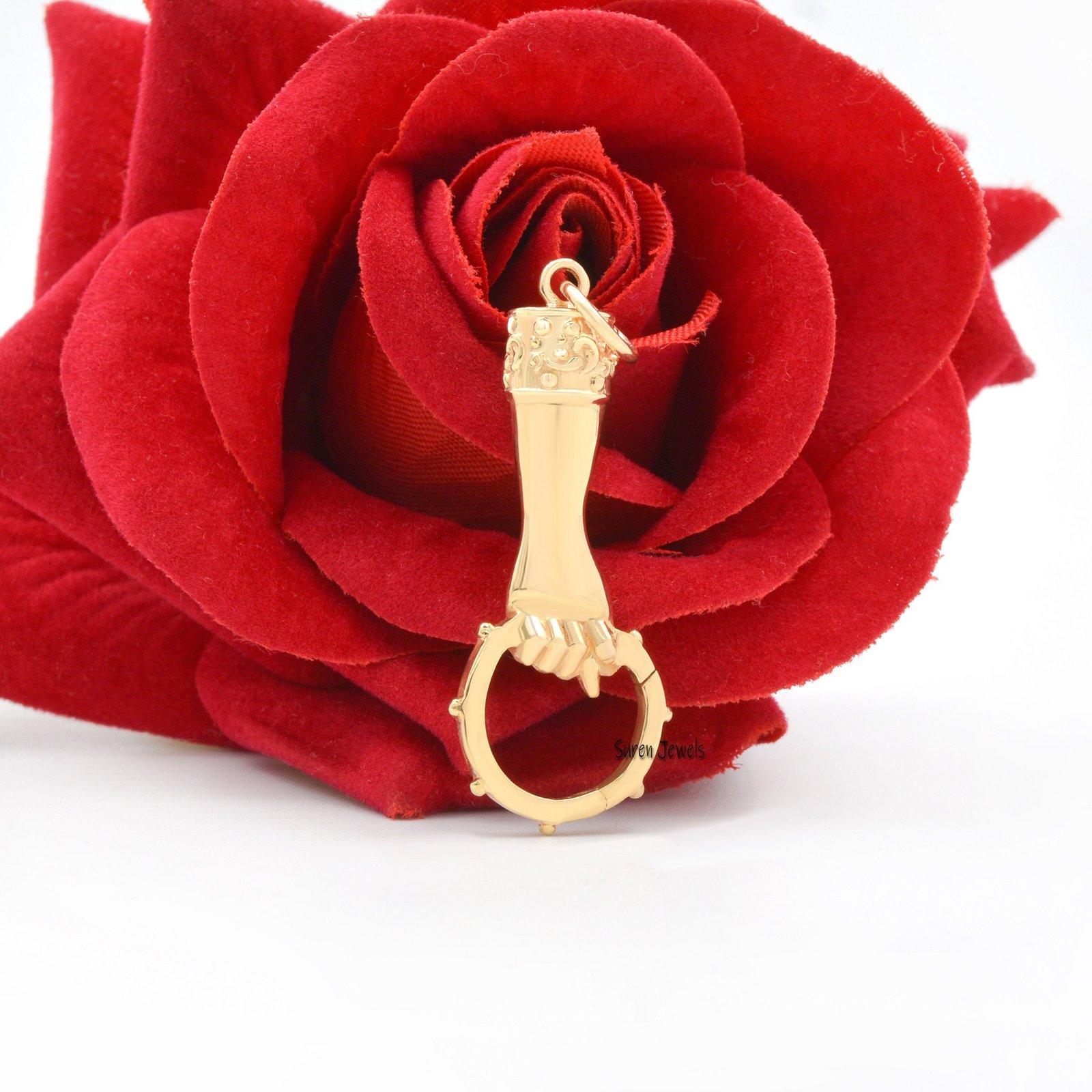 14k Gold Hand Holding Charm: Ring Connector Pendant (45x15 mm) - View 2 - Suren Jewels | SKU: SJP908-14KYG 14k Gold Hand Holding Charm: Ring Connector Pendant (45x15 mm) - View 2 - Suren Jewels | SKU: SJP908-14KYG