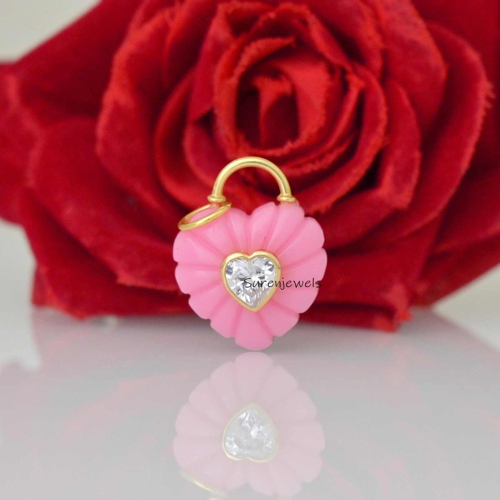 14k Gold Heart Padlock Pendant, Carved Gemstone Charm - Suren Jewels | SKU: SJP4785-SLYGLBCZ-25M 14k Gold Heart Padlock Pendant, Carved Gemstone Charm - Suren Jewels | SKU: SJP4785-SLYGLBCZ-25M