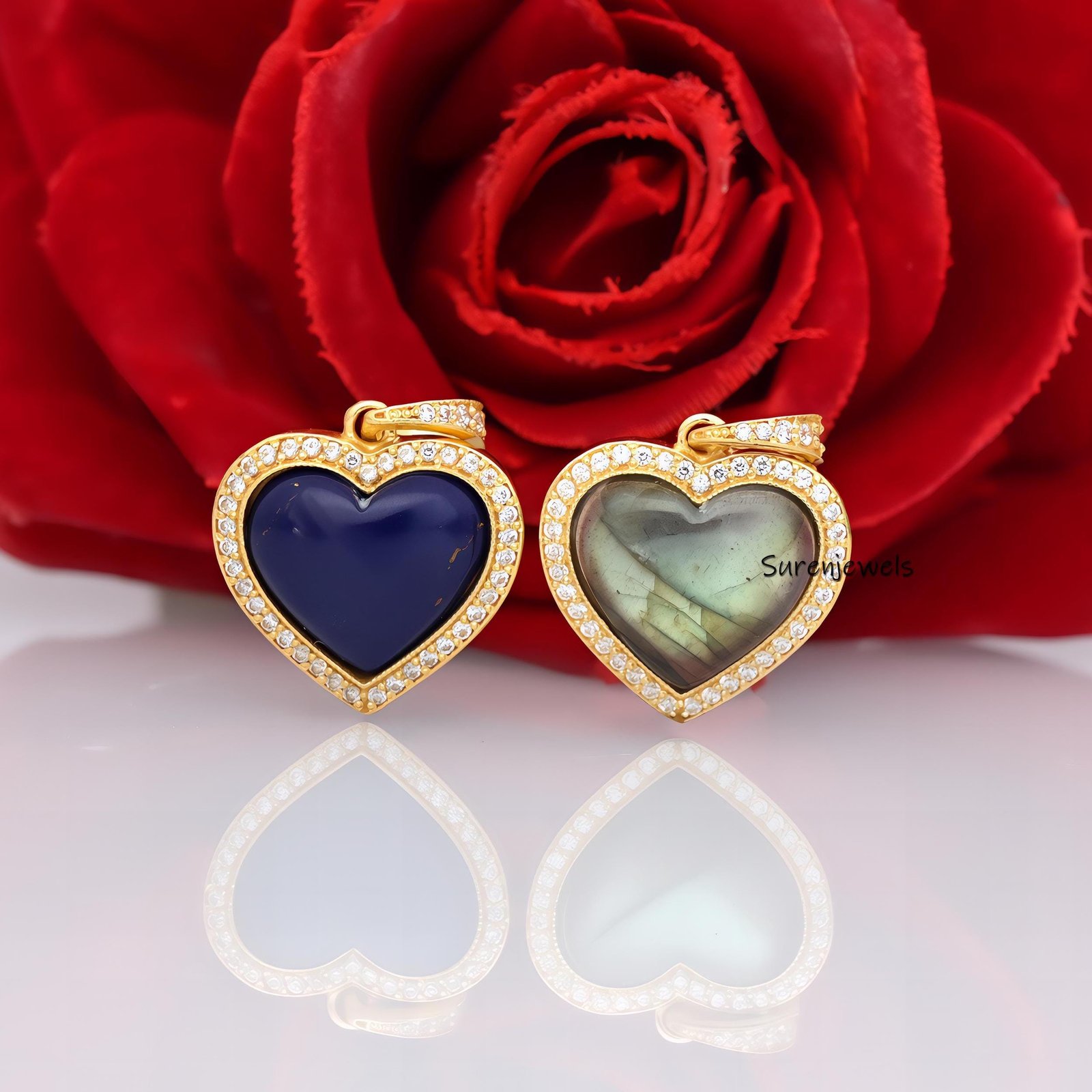 14K Gold Heart Pendant: Lapis & Moissanite Gemstone - View 2 - Suren Jewels | SKU: SJP4171-SLYGLBCZ-25M 14K Gold Heart Pendant: Lapis & Moissanite Gemstone - View 2 - Suren Jewels | SKU: SJP4171-SLYGLBCZ-25M