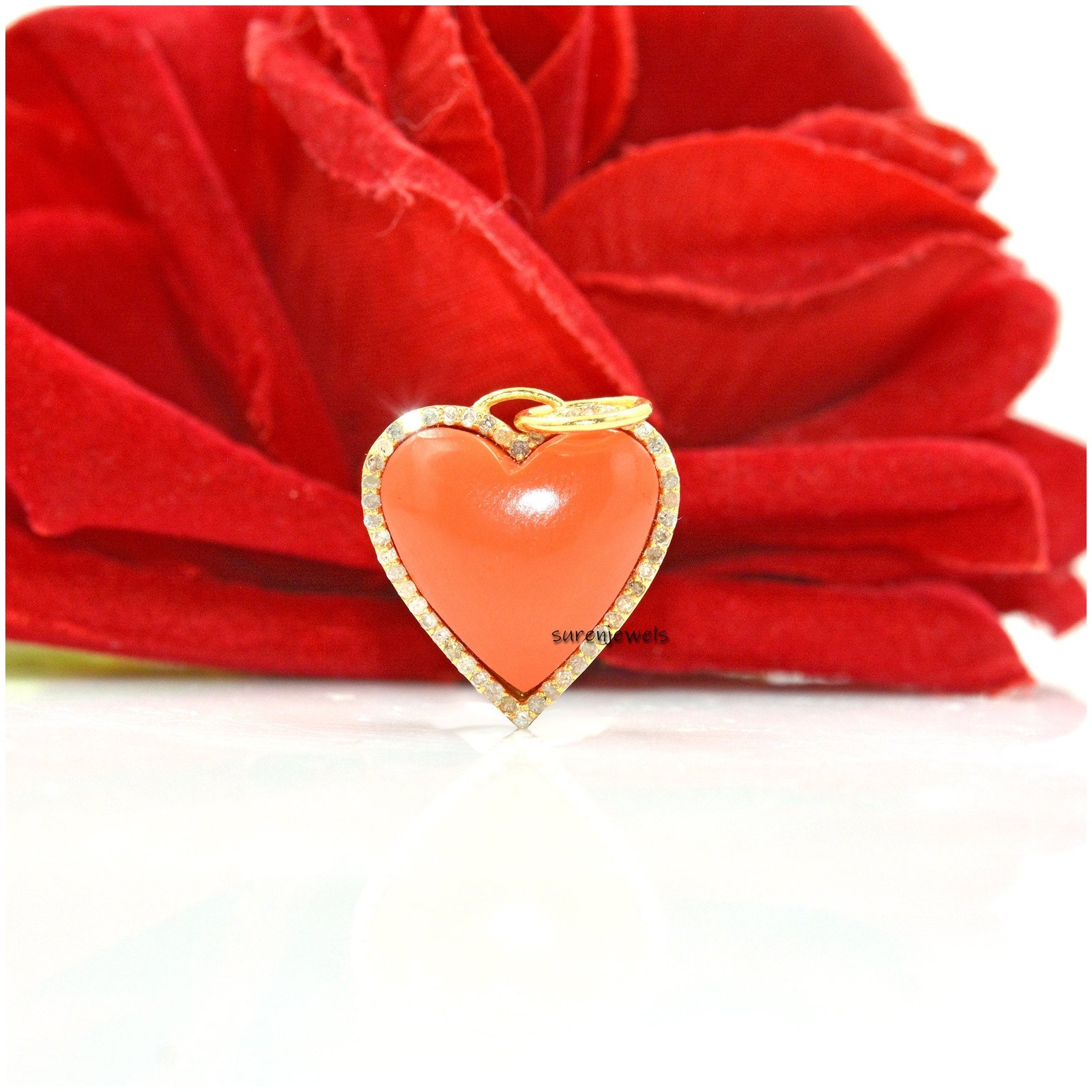 14K Gold Heart Pendant: Malachite, Coral, Crystal Gemstone Charm - View 3 - Suren Jewels | SKU: SJP1018-SLYGMC 14K Gold Heart Pendant: Malachite, Coral, Crystal Gemstone Charm - View 3 - Suren Jewels | SKU: SJP1018-SLYGMC