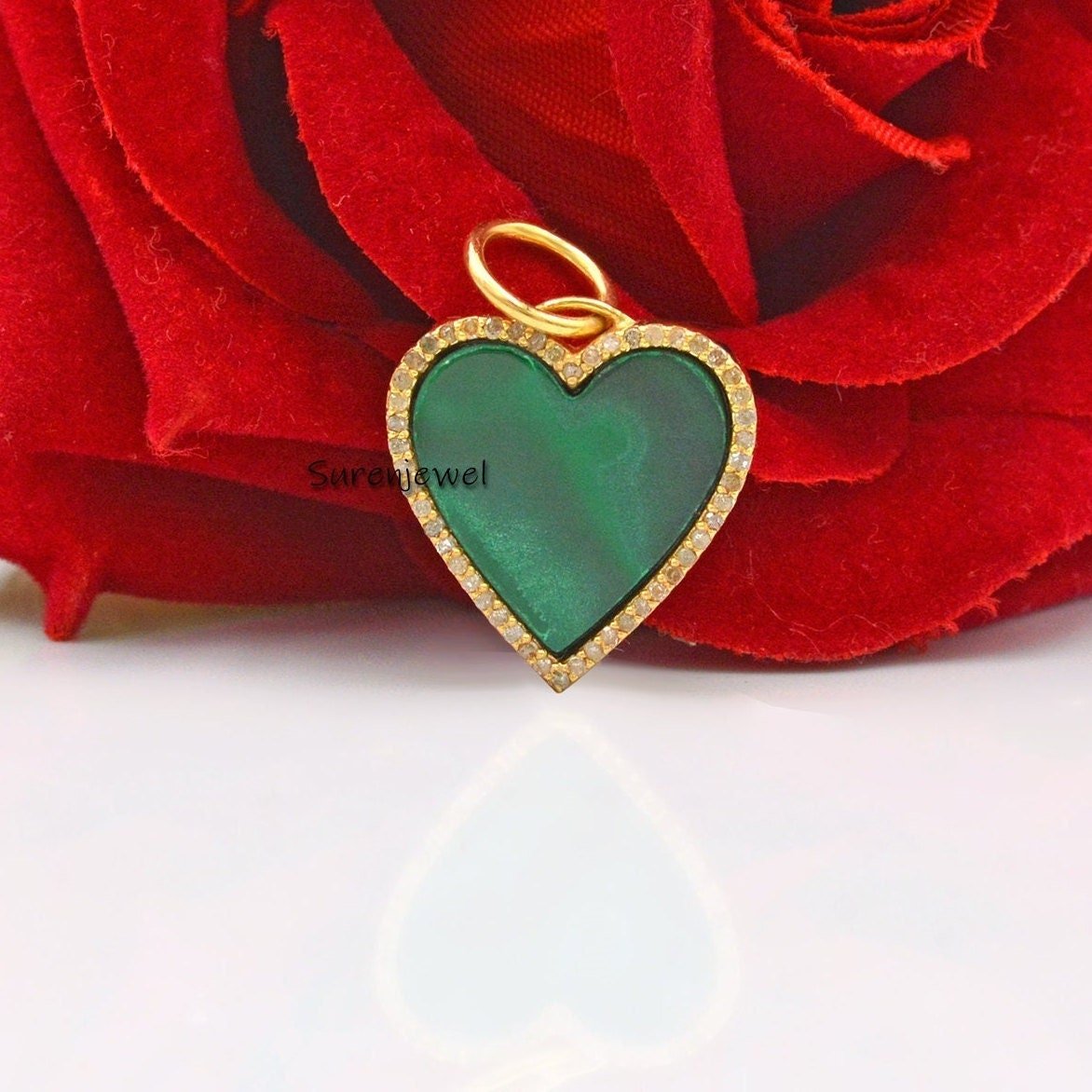 14K Gold Heart Pendant: Malachite, Coral, Crystal Gemstone Charm - View 4 - Suren Jewels | SKU: SJP1018-SLYGMC 14K Gold Heart Pendant: Malachite, Coral, Crystal Gemstone Charm - View 4 - Suren Jewels | SKU: SJP1018-SLYGMC