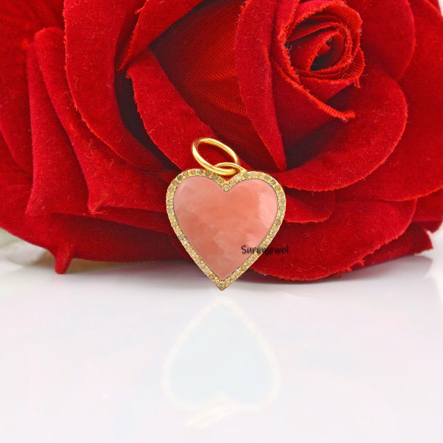 14K Gold Heart Pendant: Malachite, Coral, Crystal Gemstone Charm - View 5 - Suren Jewels | SKU: SJP1018-SLYGMC 14K Gold Heart Pendant: Malachite, Coral, Crystal Gemstone Charm - View 5 - Suren Jewels | SKU: SJP1018-SLYGMC