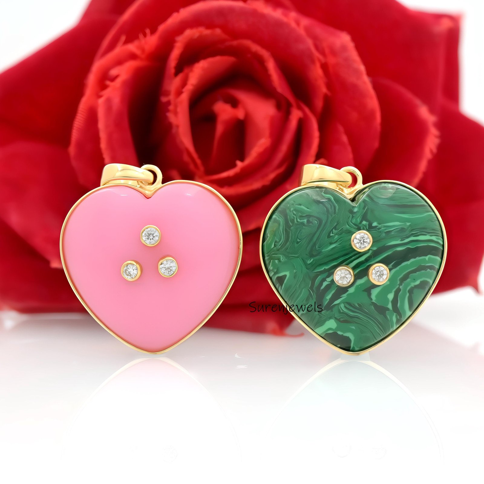 14K Gold Heart Pendant: Malachite, Turquoise & CZ Gemstone Charm - Suren Jewels | SKU: SJP4492-SLYGPOPCZ-30M,SJP 14K Gold Heart Pendant: Malachite, Turquoise & CZ Gemstone Charm - Suren Jewels | SKU: SJP4492-SLYGPOPCZ-30M,SJP