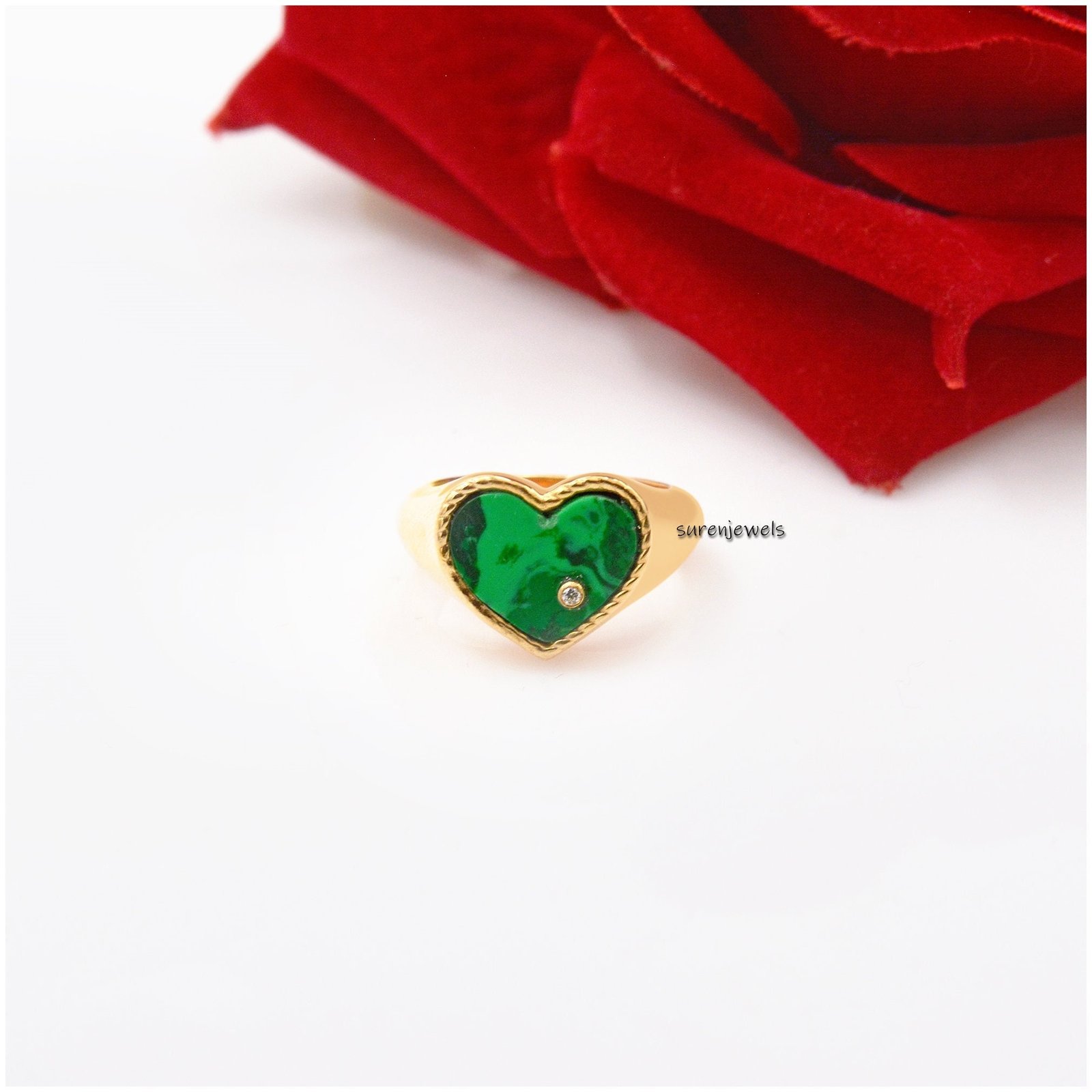 14k Gold Heart Signet Ring: Gemstone & White Topaz - Suren Jewels | SKU: SJR1017-SLYGMKWT-US-5 14k Gold Heart Signet Ring: Gemstone & White Topaz - Suren Jewels | SKU: SJR1017-SLYGMKWT-US-5