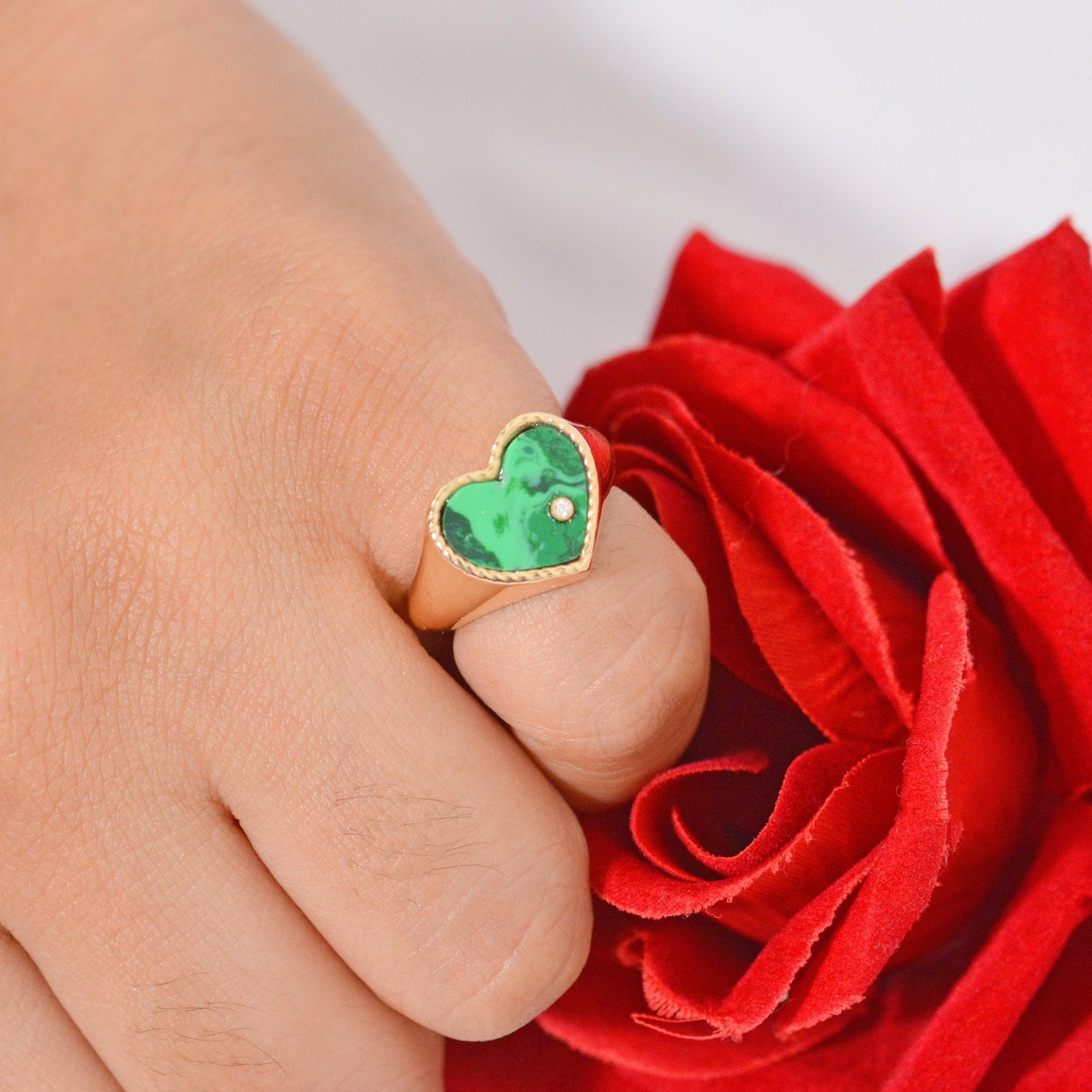 14k Gold Heart Signet Ring: Gemstone & White Topaz - View 2 - Suren Jewels | SKU: SJR1017-SLYGMKWT-US-5 14k Gold Heart Signet Ring: Gemstone & White Topaz - View 2 - Suren Jewels | SKU: SJR1017-SLYGMKWT-US-5