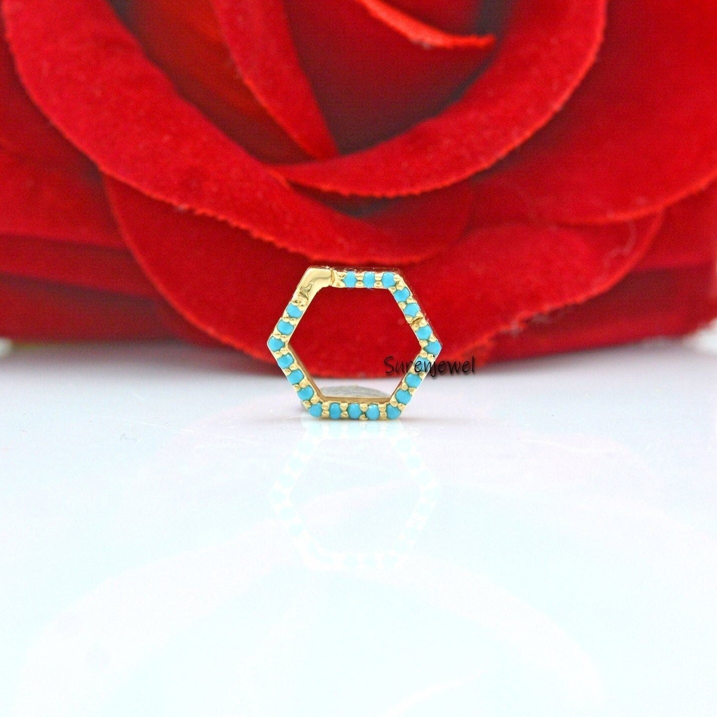 14K Gold Hexagon Charm Holder: Gemstone Push Lock Connector - View 5 - Suren Jewels | SKU: SJP691-14KYGDI 14K Gold Hexagon Charm Holder: Gemstone Push Lock Connector - View 5 - Suren Jewels | SKU: SJP691-14KYGDI