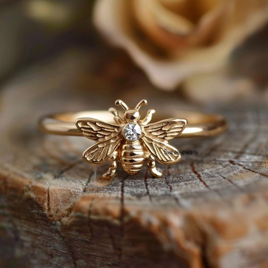 14K Gold Honey Bee Ring: Moissanite Stacking Ring - Suren Jewels | SKU: SJR2751-SLYGCZ-US-7,SJR2811-SLYGCZ-US-7,SJR2774-SLYGM 14K Gold Honey Bee Ring: Moissanite Stacking Ring - Suren Jewels | SKU: SJR2751-SLYGCZ-US-7,SJR2811-SLYGCZ-US-7,SJR2774-SLYGM