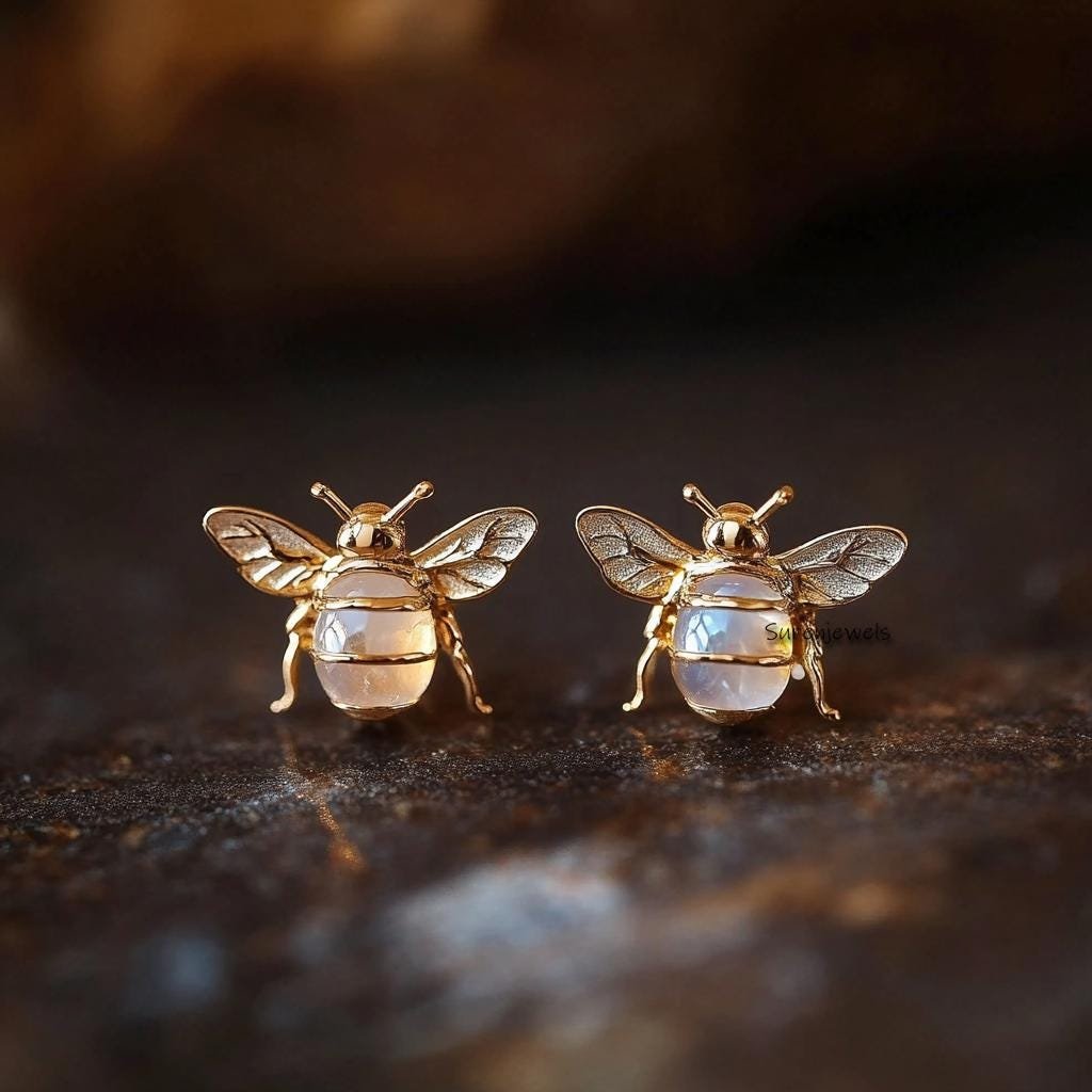 14K Gold Honey Bee Stud Earrings: Dainty Bumble Bee Jewelry - Suren Jewels | SKU: SJE1756-SLYGEOP-12M,SJE1753-SLYGLPZ-12M 14K Gold Honey Bee Stud Earrings: Dainty Bumble Bee Jewelry - Suren Jewels | SKU: SJE1756-SLYGEOP-12M,SJE1753-SLYGLPZ-12M