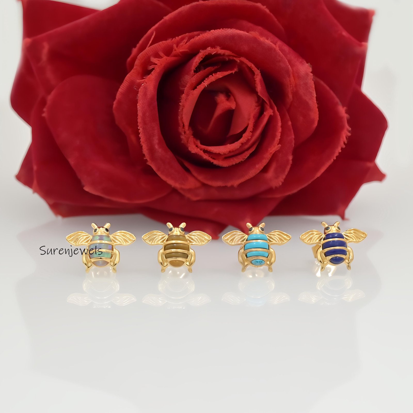 14K Gold Honey Bee Stud Earrings: Gemstone Bumble Bee Jewelry - Suren Jewels | SKU: SJE1795-SLRGTE-12M,SJE1775-SLYGEOOPCZ-12M 14K Gold Honey Bee Stud Earrings: Gemstone Bumble Bee Jewelry - Suren Jewels | SKU: SJE1795-SLRGTE-12M,SJE1775-SLYGEOOPCZ-12M