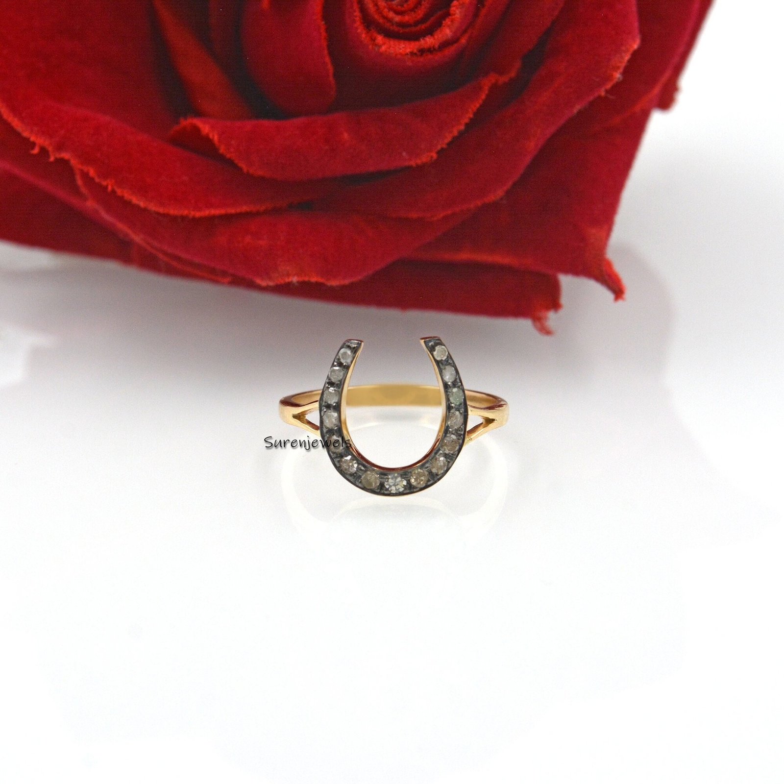 14k Gold Horseshoe Ring with Moissanite Diamond - Suren Jewels | SKU: SJR1084-9KYGRHDI-US-8 14k Gold Horseshoe Ring with Moissanite Diamond - Suren Jewels | SKU: SJR1084-9KYGRHDI-US-8