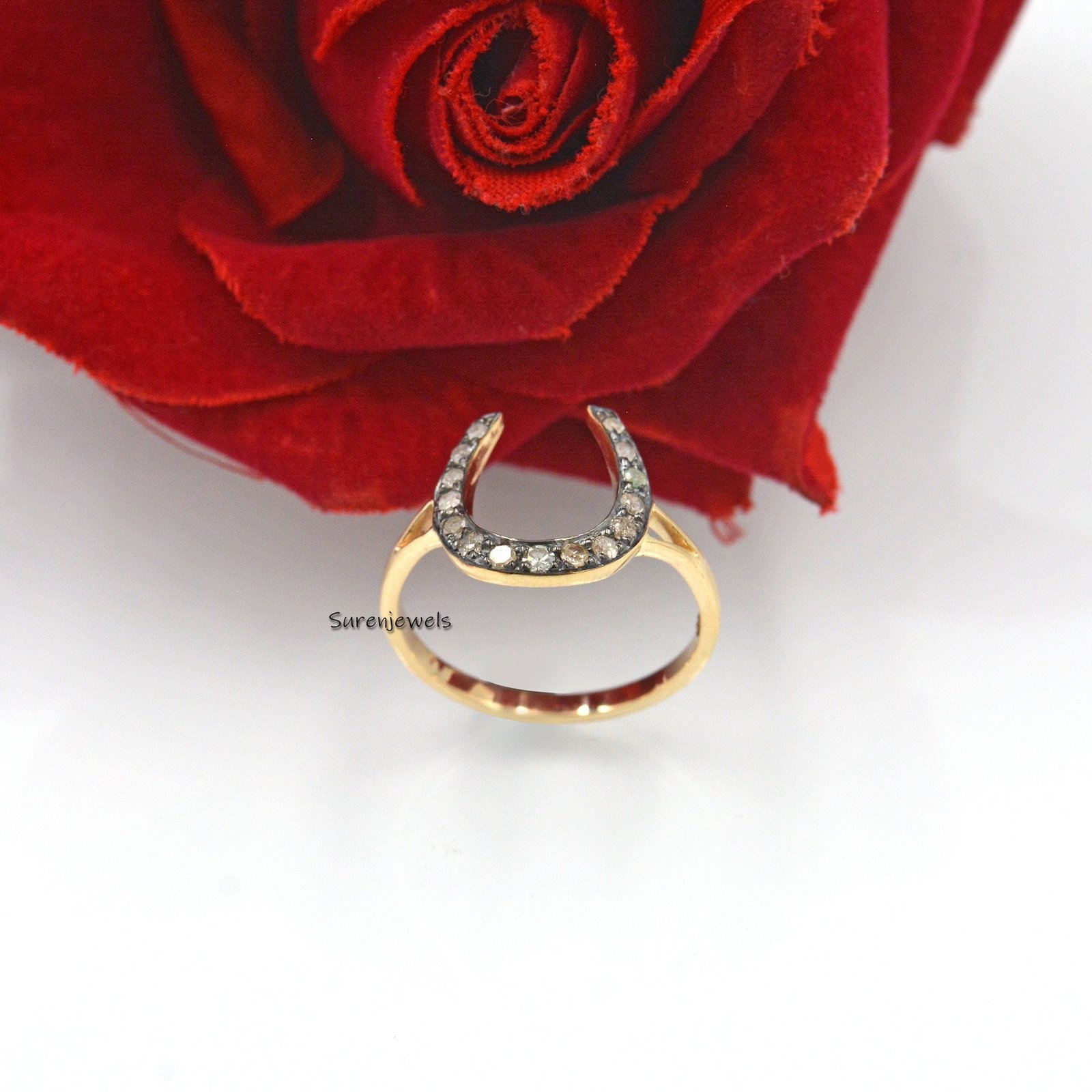 14k Gold Horseshoe Ring with Moissanite Diamond - View 2 - Suren Jewels | SKU: SJR1084-9KYGRHDI-US-8 14k Gold Horseshoe Ring with Moissanite Diamond - View 2 - Suren Jewels | SKU: SJR1084-9KYGRHDI-US-8