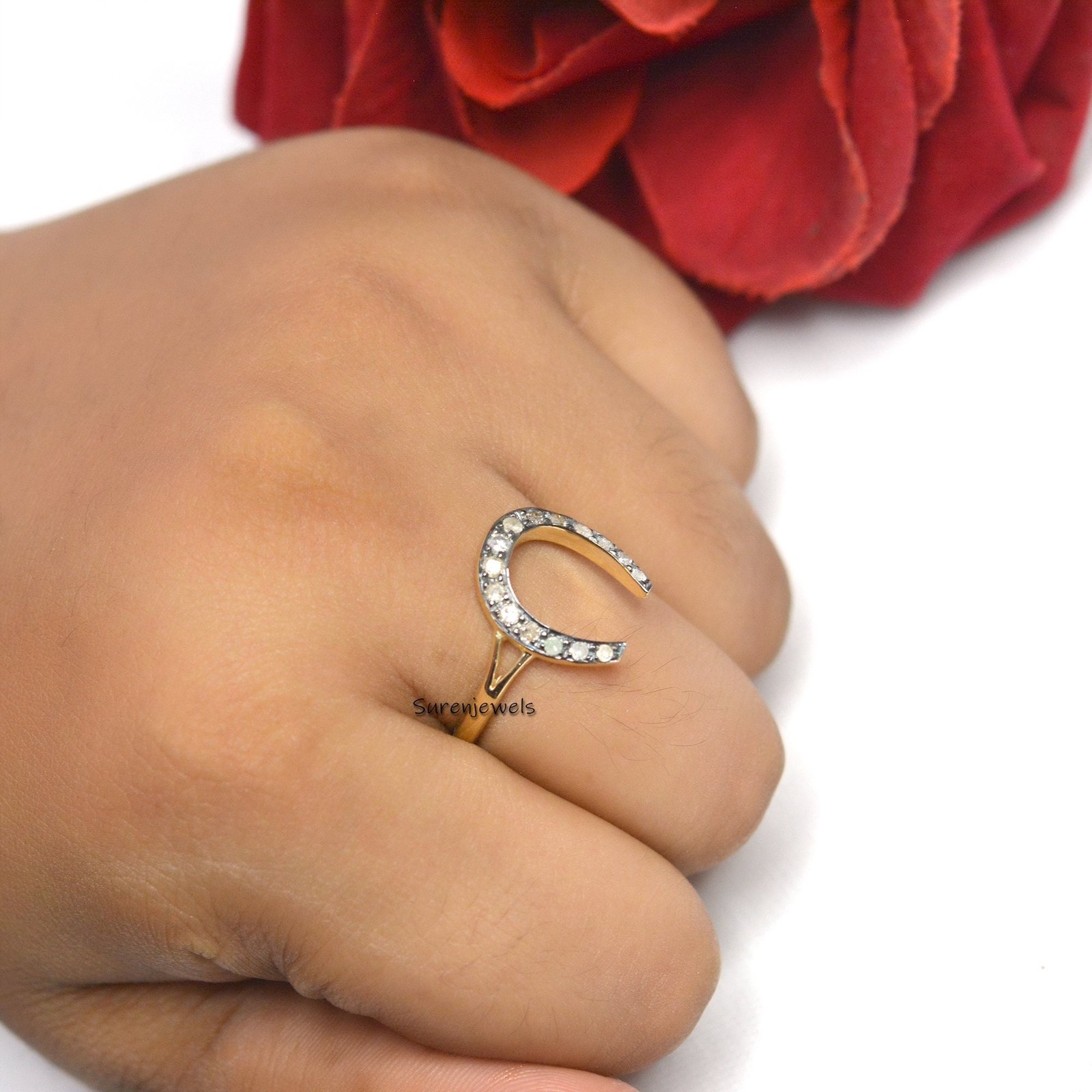 14k Gold Horseshoe Ring with Moissanite Diamond - View 4 - Suren Jewels | SKU: SJR1084-9KYGRHDI-US-8 14k Gold Horseshoe Ring with Moissanite Diamond - View 4 - Suren Jewels | SKU: SJR1084-9KYGRHDI-US-8