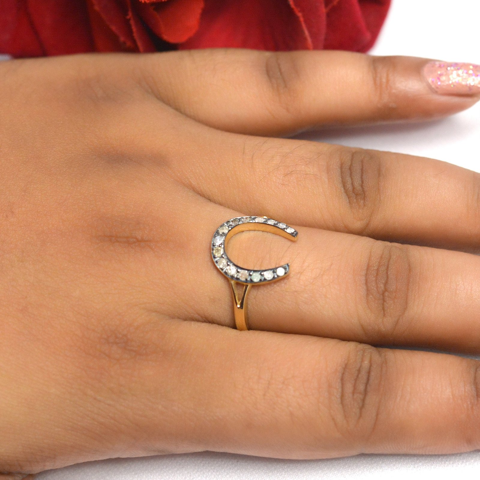 14k Gold Horseshoe Ring with Moissanite Diamond - View 5 - Suren Jewels | SKU: SJR1084-9KYGRHDI-US-8 14k Gold Horseshoe Ring with Moissanite Diamond - View 5 - Suren Jewels | SKU: SJR1084-9KYGRHDI-US-8