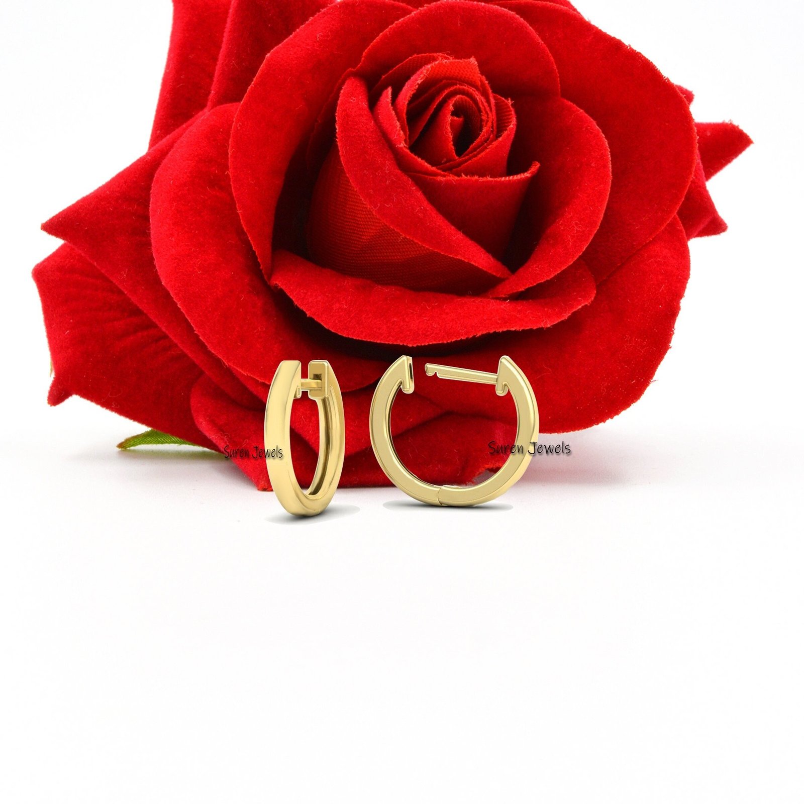 14k Gold Huggies: Simple Polished Hoop Earrings (10mm) - Suren Jewels | SKU: SJE932-SLNS-10M 14k Gold Huggies: Simple Polished Hoop Earrings (10mm) - Suren Jewels | SKU: SJE932-SLNS-10M