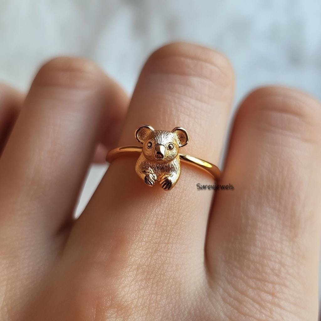 14k Gold Koala Ring: Dainty Animal Jewelry - Suren Jewels | SKU: sJR3005-SLYGBKCZ-US-4,SJR2919-SLRG-US-8 14k Gold Koala Ring: Dainty Animal Jewelry - Suren Jewels | SKU: sJR3005-SLYGBKCZ-US-4,SJR2919-SLRG-US-8
