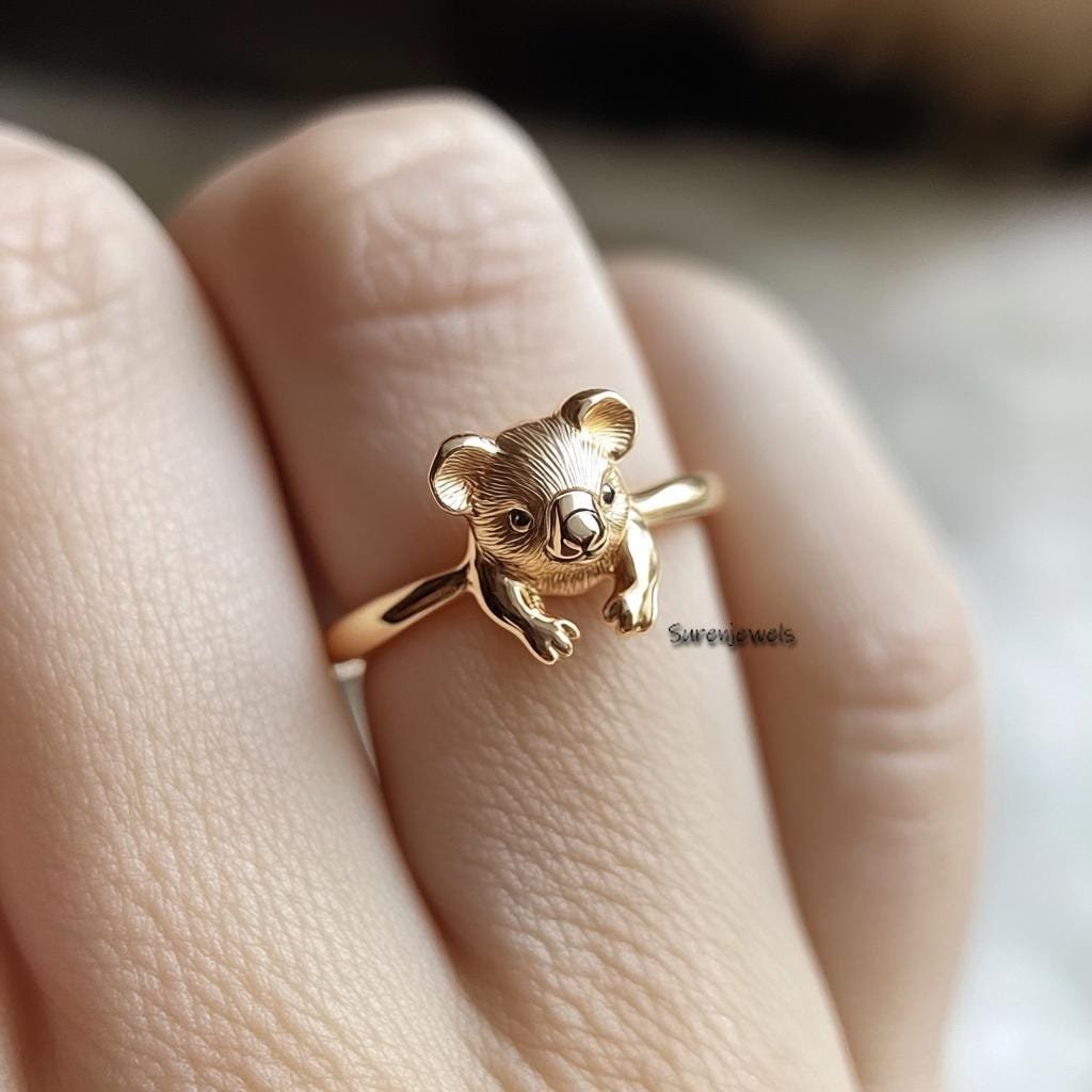 14k Gold Koala Ring: Dainty Animal Jewelry - View 2 - Suren Jewels | SKU: sJR3005-SLYGBKCZ-US-4,SJR2919-SLRG-US-8 14k Gold Koala Ring: Dainty Animal Jewelry - View 2 - Suren Jewels | SKU: sJR3005-SLYGBKCZ-US-4,SJR2919-SLRG-US-8