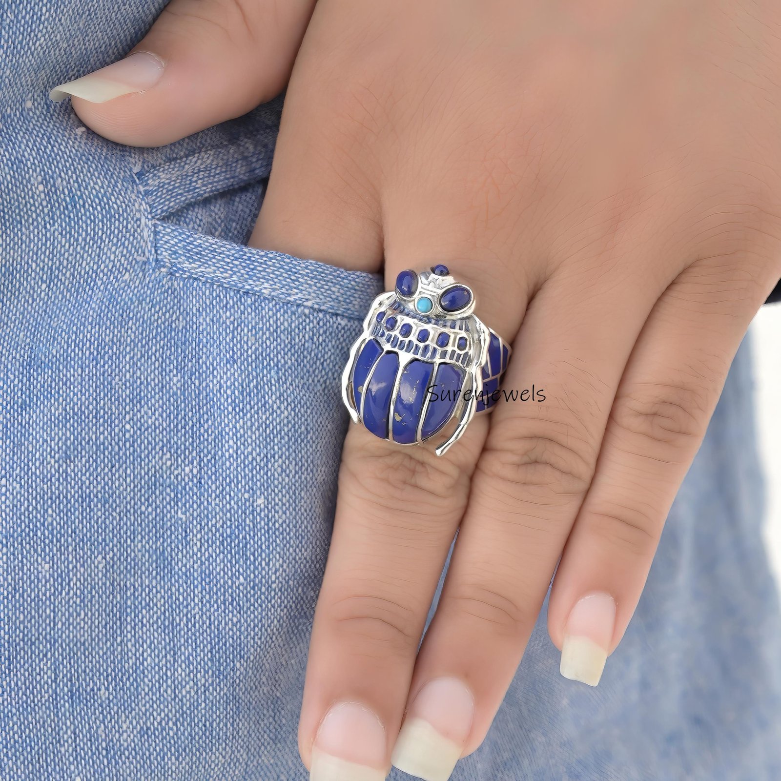 14k Gold Labradorite Scarab Ring: Hand Carved Amulet - View 5 - Suren Jewels | SKU: SJR2819-SLNSLPZ-US-7,SJR2810-SLNSLB,SJR28 14k Gold Labradorite Scarab Ring: Hand Carved Amulet - View 5 - Suren Jewels | SKU: SJR2819-SLNSLPZ-US-7,SJR2810-SLNSLB,SJR28