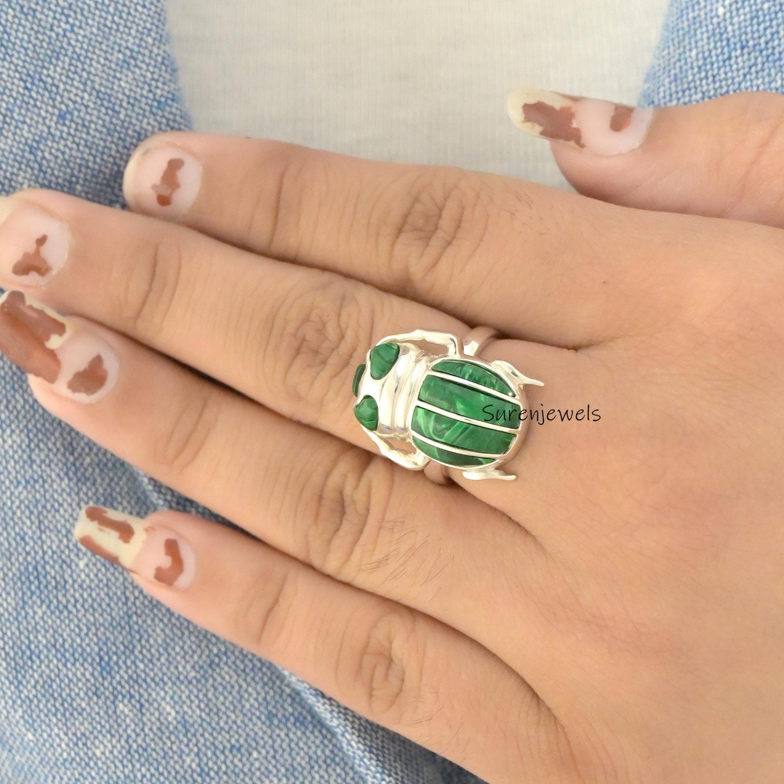14k Gold Labradorite Scarab Ring: Hand Carved Amulet - View 7 - Suren Jewels | SKU: SJR2819-SLNSLPZ-US-7,SJR2810-SLNSLB,SJR28 14k Gold Labradorite Scarab Ring: Hand Carved Amulet - View 7 - Suren Jewels | SKU: SJR2819-SLNSLPZ-US-7,SJR2810-SLNSLB,SJR28