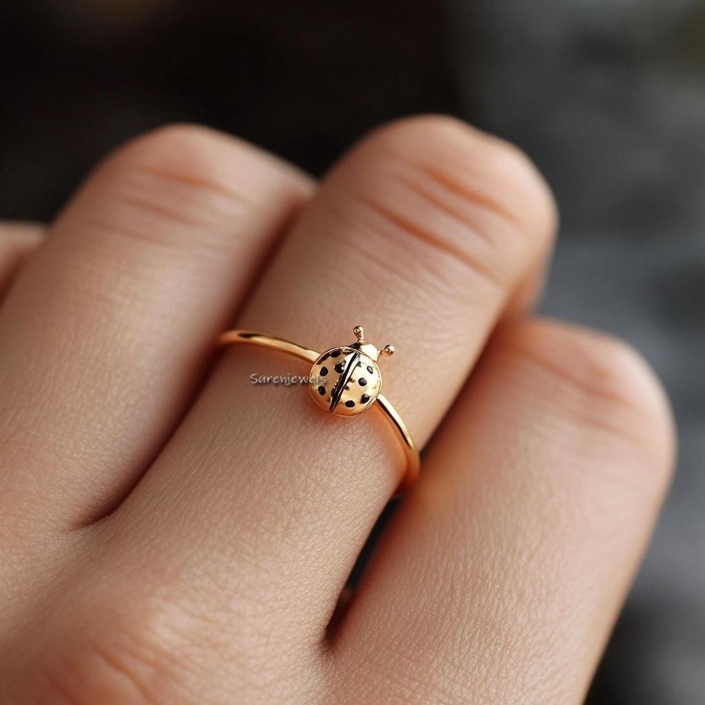 14k Gold Ladybug Ring: Dainty Handmade Animal Jewelry - Suren Jewels | SKU: SJR2897-SLYGBKCZ-US-7 14k Gold Ladybug Ring: Dainty Handmade Animal Jewelry - Suren Jewels | SKU: SJR2897-SLYGBKCZ-US-7