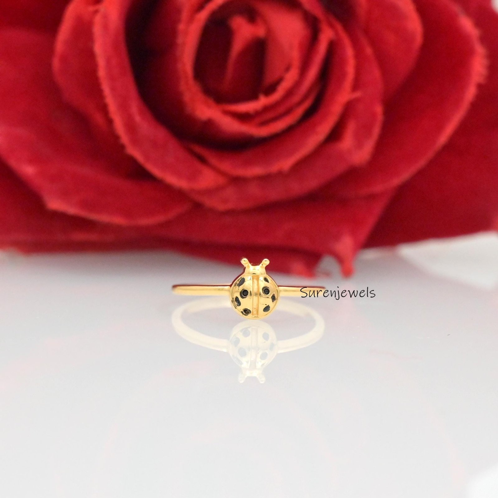 14k Gold Ladybug Ring: Dainty Handmade Animal Jewelry - View 4 - Suren Jewels | SKU: SJR2897-SLYGBKCZ-US-7 14k Gold Ladybug Ring: Dainty Handmade Animal Jewelry - View 4 - Suren Jewels | SKU: SJR2897-SLYGBKCZ-US-7