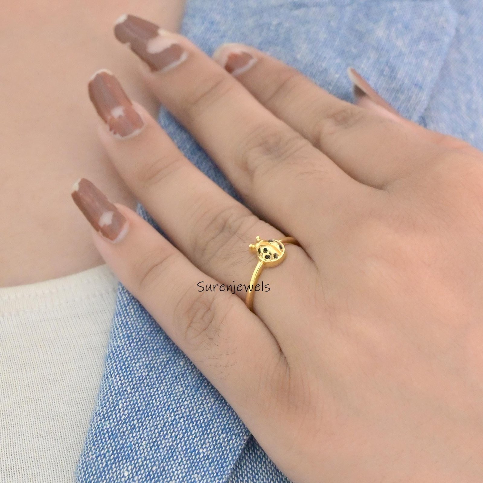 14k Gold Ladybug Ring: Dainty Handmade Animal Jewelry - View 6 - Suren Jewels | SKU: SJR2897-SLYGBKCZ-US-7 14k Gold Ladybug Ring: Dainty Handmade Animal Jewelry - View 6 - Suren Jewels | SKU: SJR2897-SLYGBKCZ-US-7