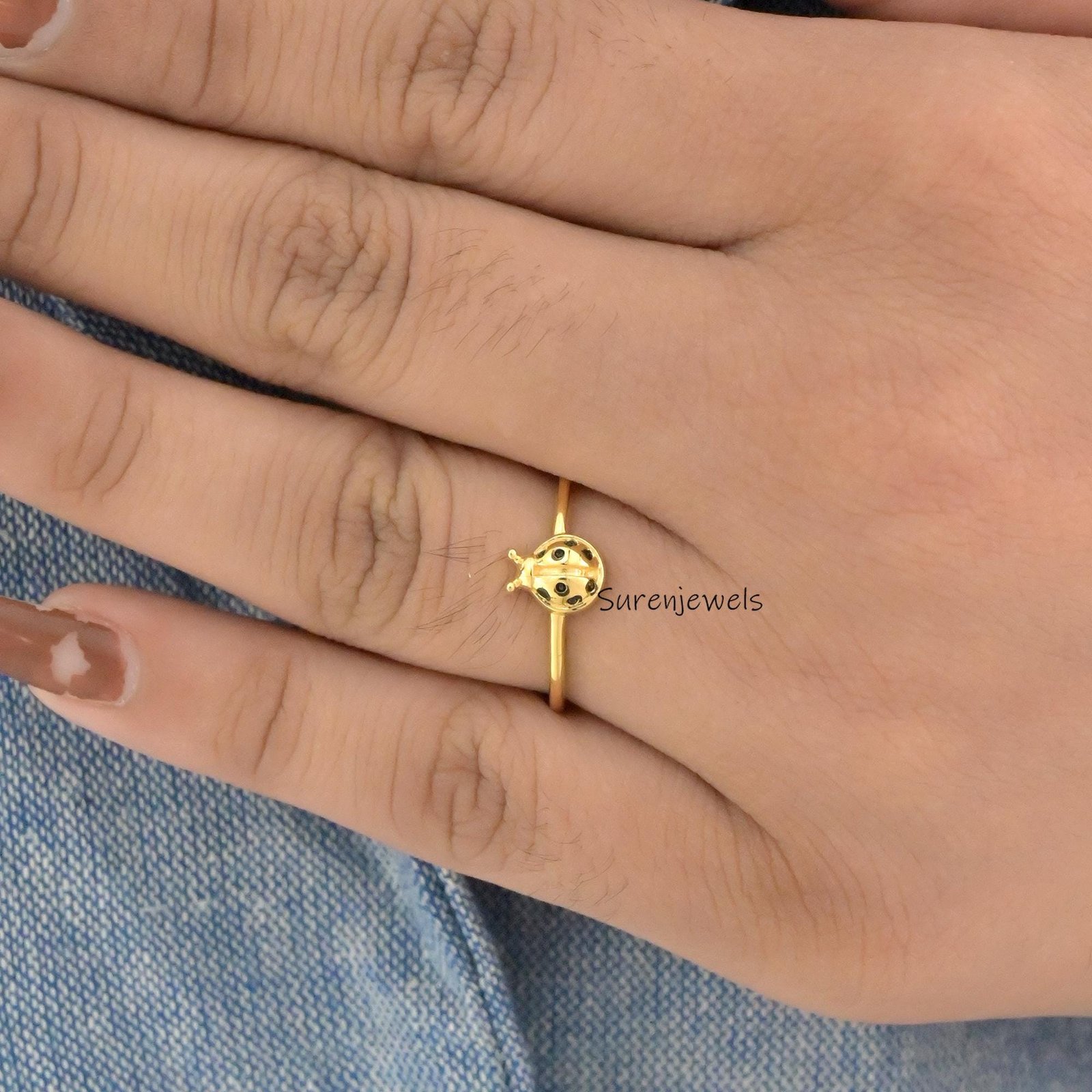 14k Gold Ladybug Ring: Dainty Handmade Animal Jewelry - View 7 - Suren Jewels | SKU: SJR2897-SLYGBKCZ-US-7 14k Gold Ladybug Ring: Dainty Handmade Animal Jewelry - View 7 - Suren Jewels | SKU: SJR2897-SLYGBKCZ-US-7