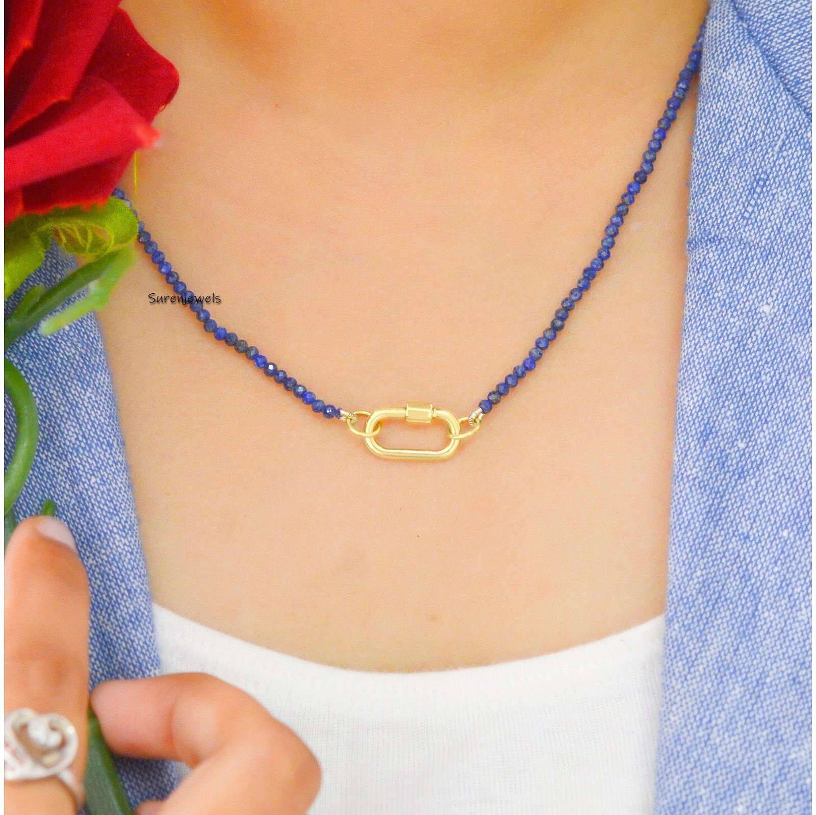 14k Gold Lapis Beads Chain Necklace: Carabiner Clasp - Suren Jewels | SKU: SJC130-14KYG-16M-N219-18I 14k Gold Lapis Beads Chain Necklace: Carabiner Clasp - Suren Jewels | SKU: SJC130-14KYG-16M-N219-18I