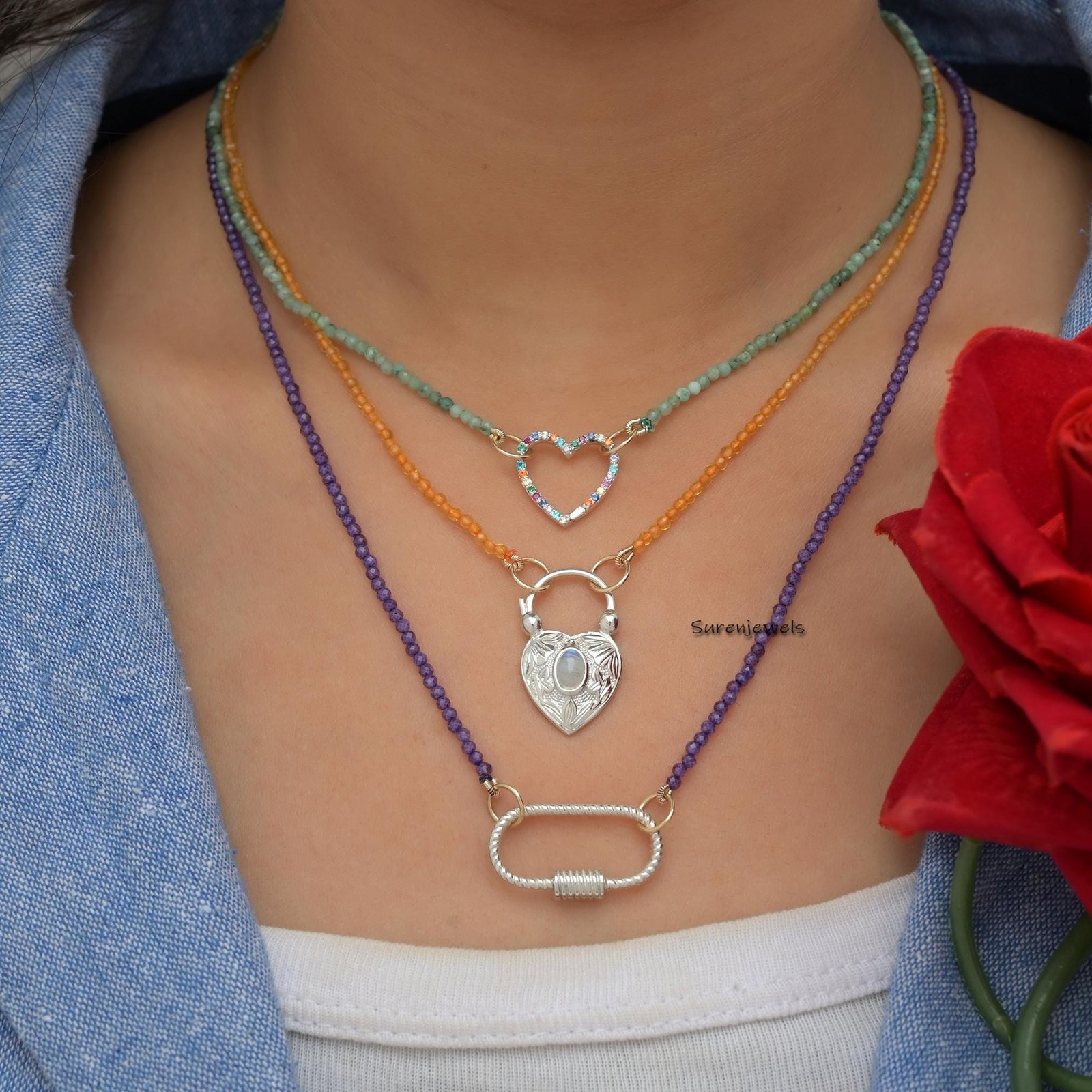 14k Gold Lapis Beads Chain Necklace: Enhancer Carabiner Chain - Suren Jewels | SKU: SJN219 14k Gold Lapis Beads Chain Necklace: Enhancer Carabiner Chain - Suren Jewels | SKU: SJN219