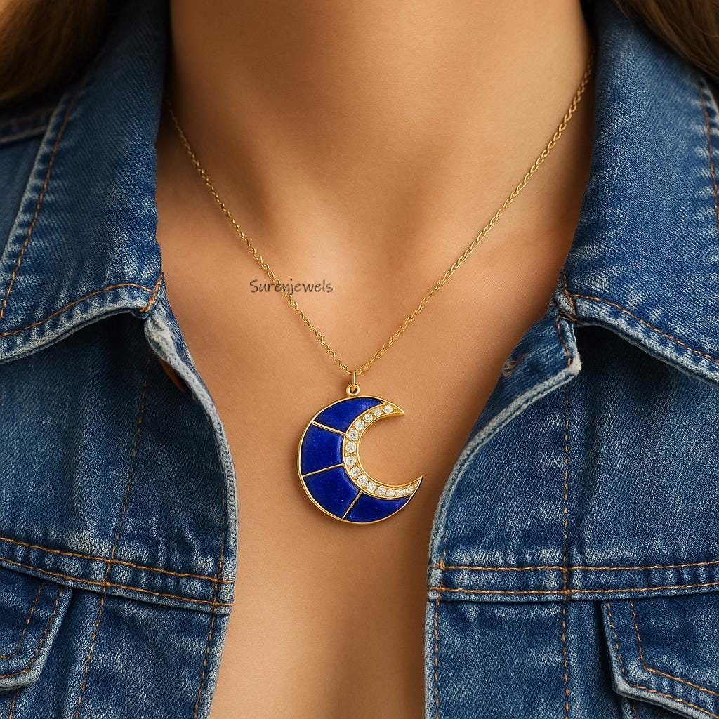 14K Gold Lapis Crescent Moon Pendant, Handmade Gemstone Necklace - Suren Jewels | SKU: etsy_14k-gold-lapis-crescent-moon-pend 14K Gold Lapis Crescent Moon Pendant, Handmade Gemstone Necklace - Suren Jewels | SKU: etsy_14k-gold-lapis-crescent-moon-pend