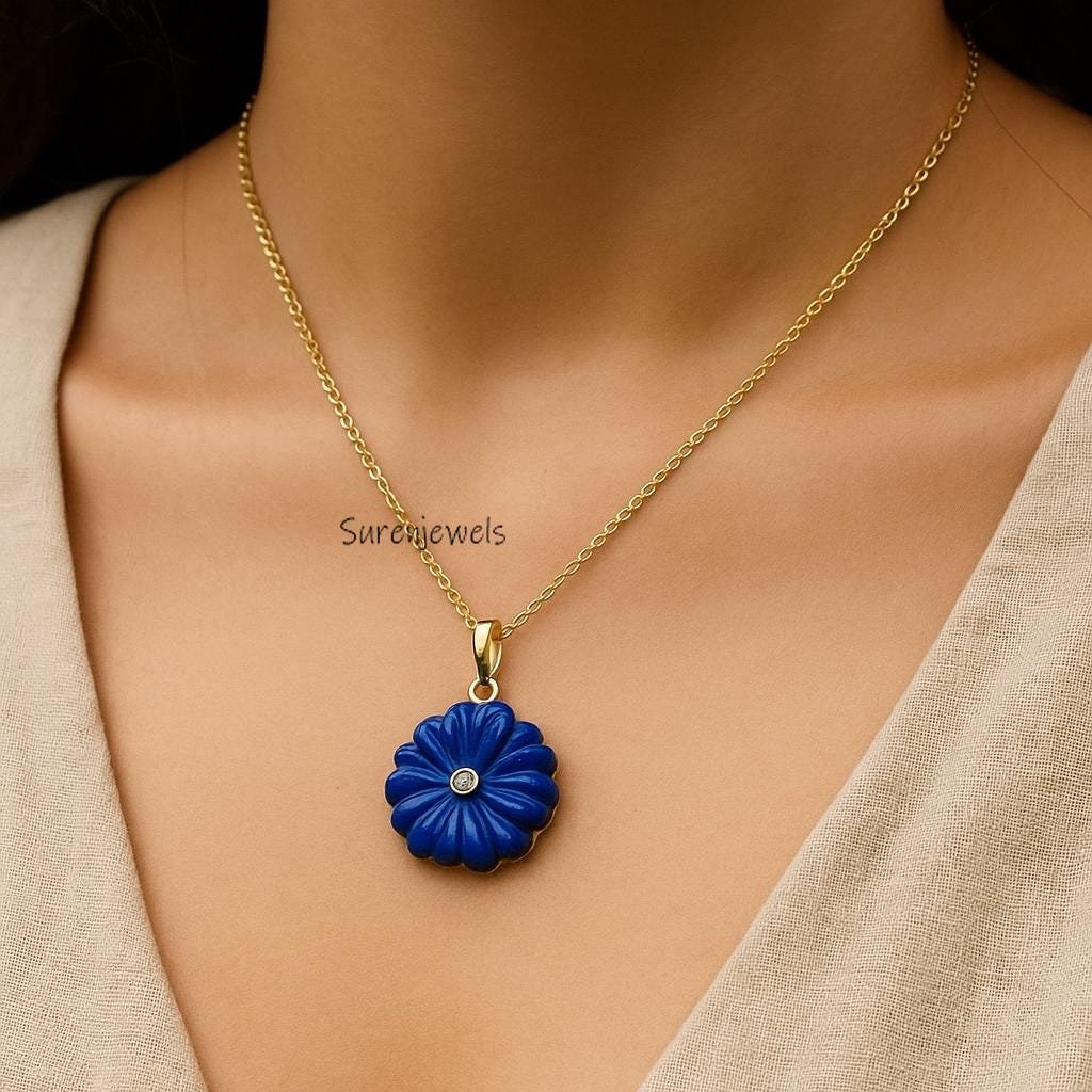 14K Gold Lapis Gemstone Flower Pendant: Hand Carved Charm - Suren Jewels | SKU: SJP 14K Gold Lapis Gemstone Flower Pendant: Hand Carved Charm - Suren Jewels | SKU: SJP