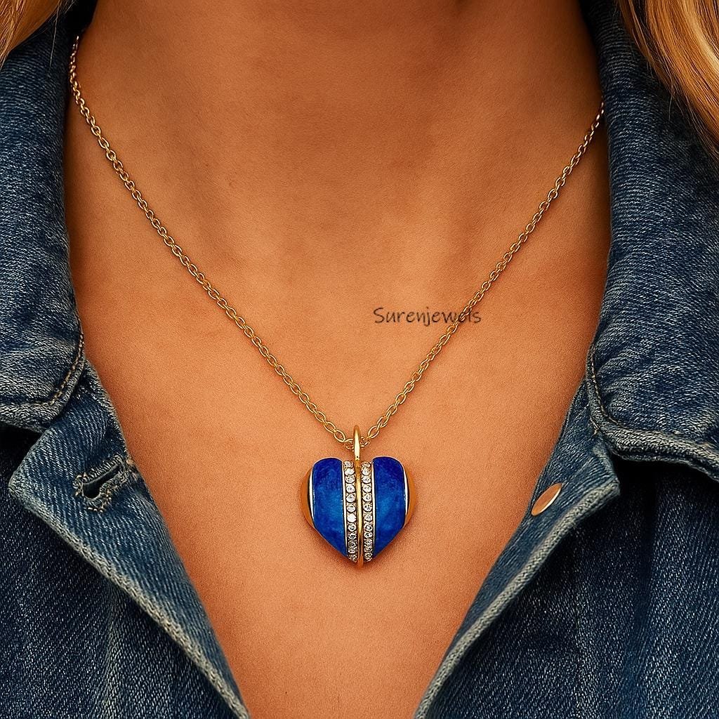 14k Gold Lapis Lazuli Heart Pendant, Carved Gemstone, Handmade - Suren Jewels | SKU: SJP5542-SLNSLPZCZ-25M 14k Gold Lapis Lazuli Heart Pendant, Carved Gemstone, Handmade - Suren Jewels | SKU: SJP5542-SLNSLPZCZ-25M