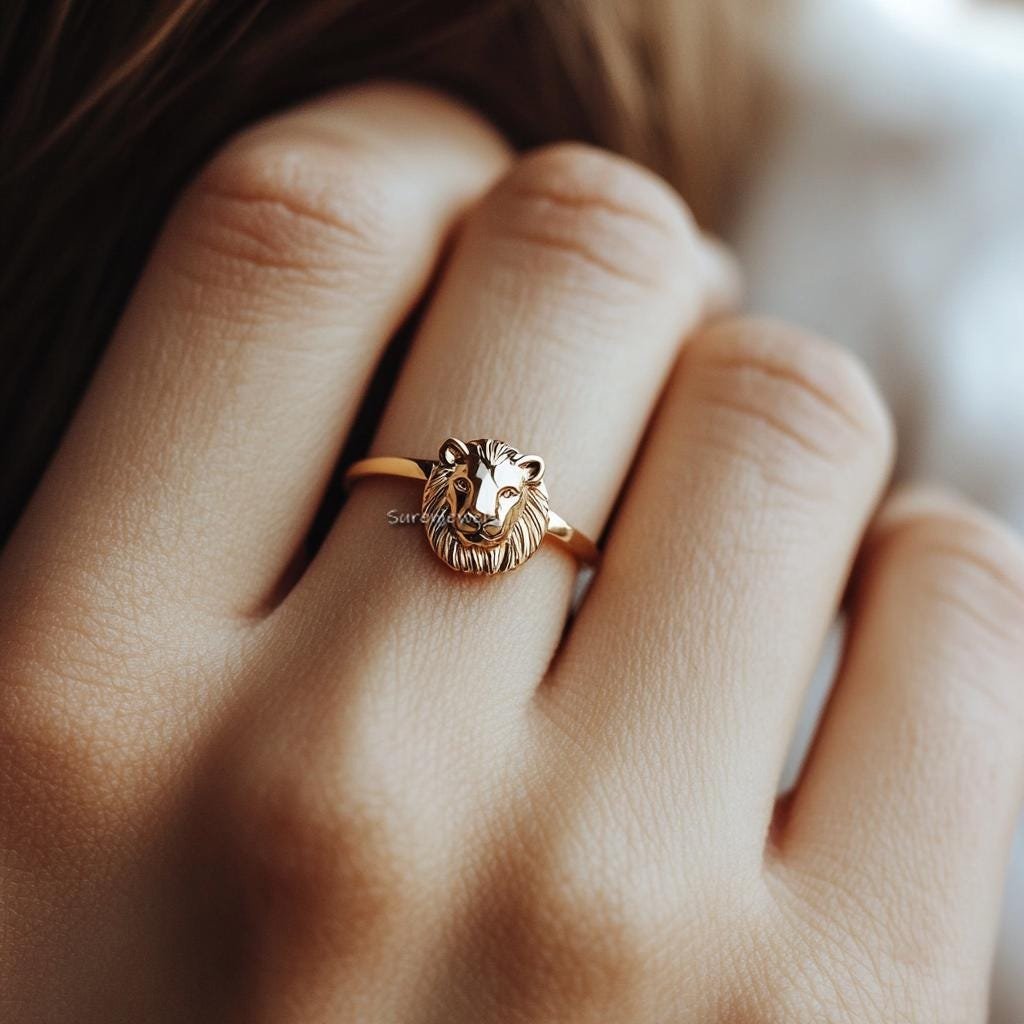 14k Gold Lion Head Ring: Dainty Animal Jewelry - Suren Jewels | SKU: SJR2923 14k Gold Lion Head Ring: Dainty Animal Jewelry - Suren Jewels | SKU: SJR2923