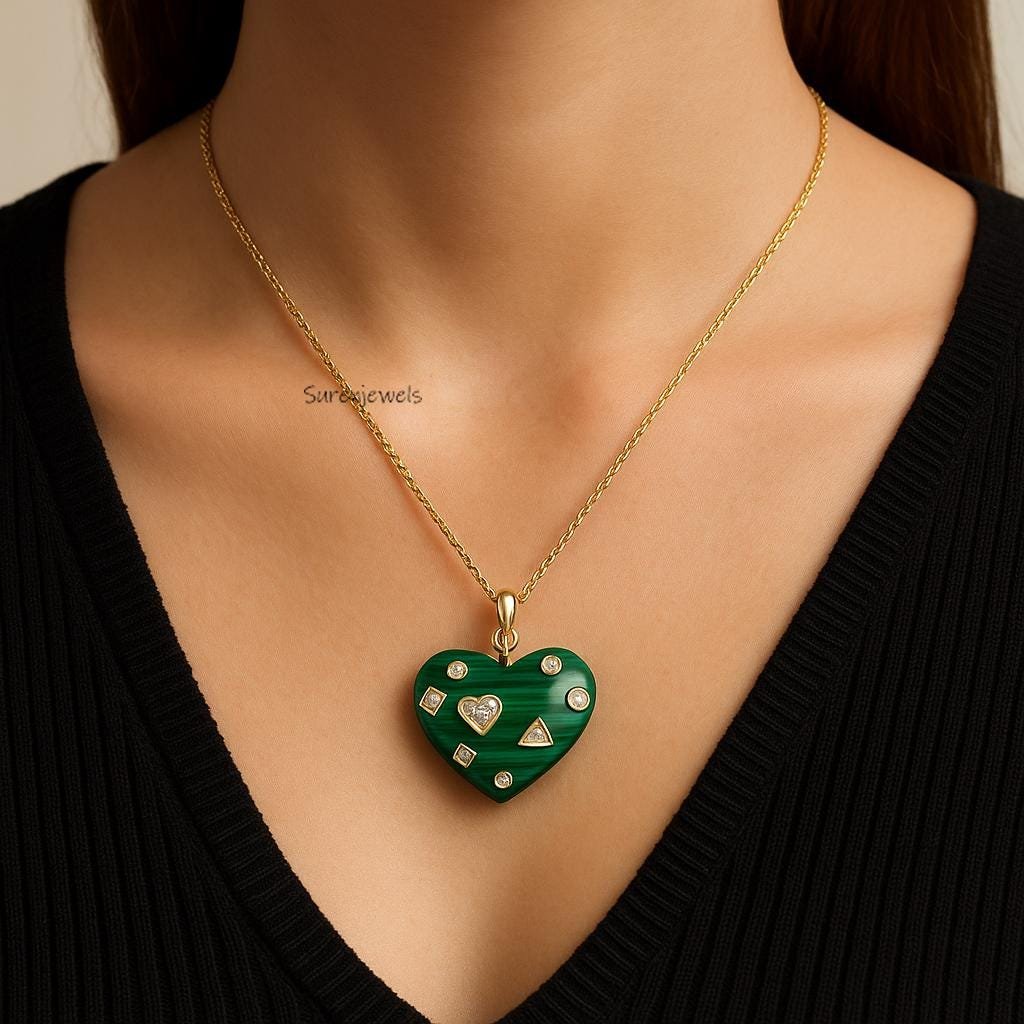 14K Gold Malachite and Multi Stone Heart Pendant - Suren Jewels | SKU: SJP5591 14K Gold Malachite and Multi Stone Heart Pendant - Suren Jewels | SKU: SJP5591