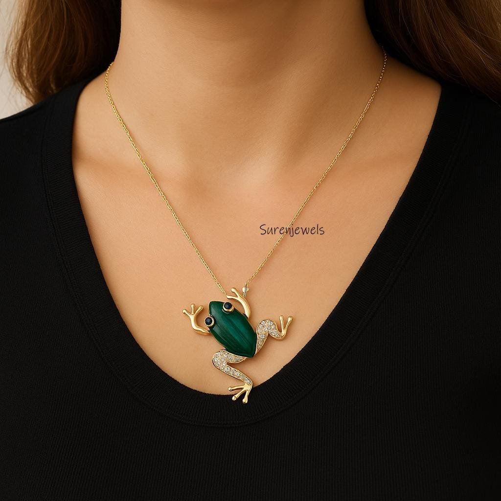 14K Gold Malachite Frog Pendant: Hand Carved Animal Jewelry - View 2 - Suren Jewels | SKU: SJP1415-SLYGMKBKCZWCZ 14K Gold Malachite Frog Pendant: Hand Carved Animal Jewelry - View 2 - Suren Jewels | SKU: SJP1415-SLYGMKBKCZWCZ