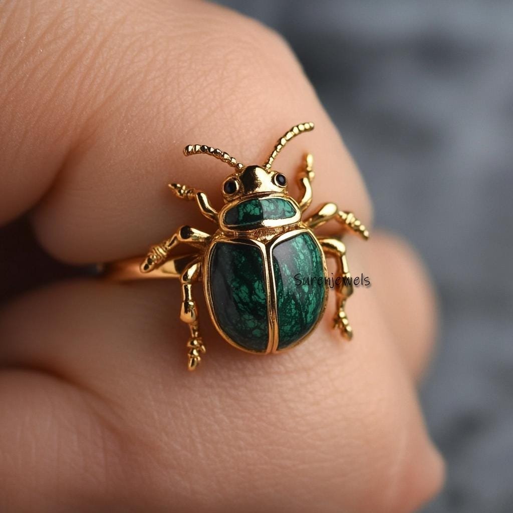 14k Gold Malachite Scarab Ring: Hand Carved Amulet - Suren Jewels | SKU: SJR2803-SLYGMKBKCZ-US-7,SJR2809-SLNSLBBKCZ-US-8,SJR2 14k Gold Malachite Scarab Ring: Hand Carved Amulet - Suren Jewels | SKU: SJR2803-SLYGMKBKCZ-US-7,SJR2809-SLNSLBBKCZ-US-8,SJR2